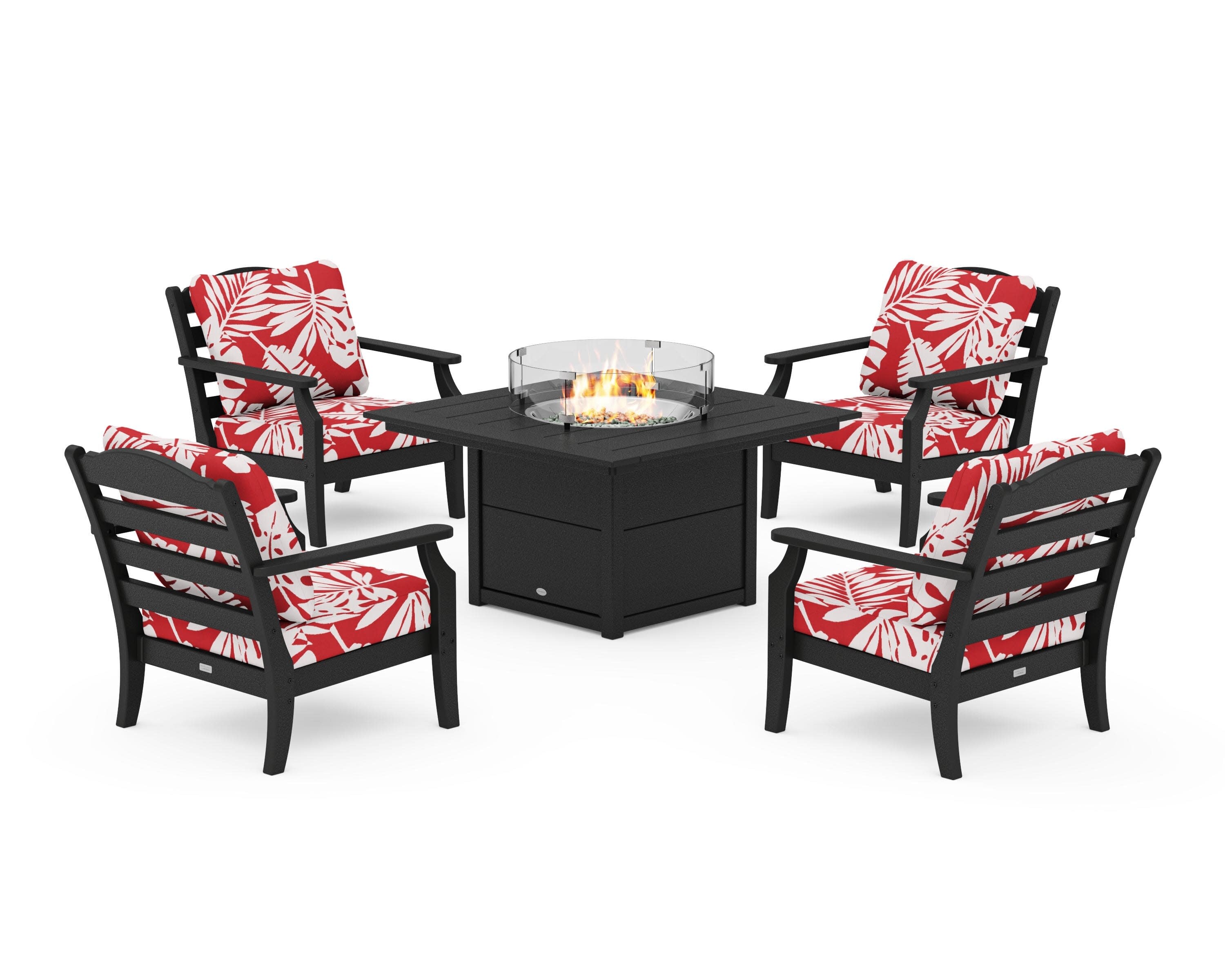 Savannah 5-Piece Deep Seating Set with Fire Pit Table in Black / Leaf Crimson