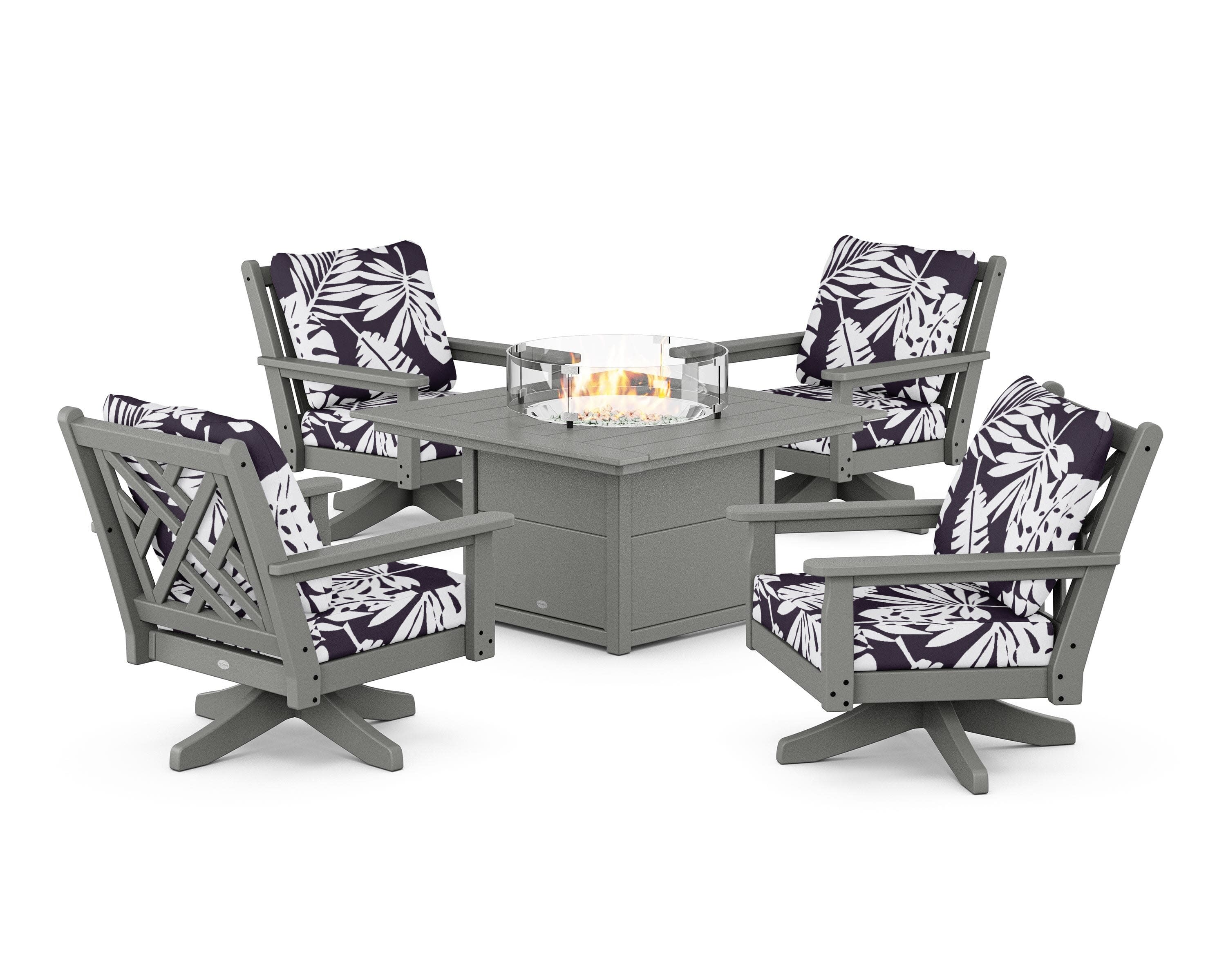 Chippendale 5-Piece Deep Seating Swivel Conversation Set with Fire Pit Table in Slate Grey / Leaf Navy