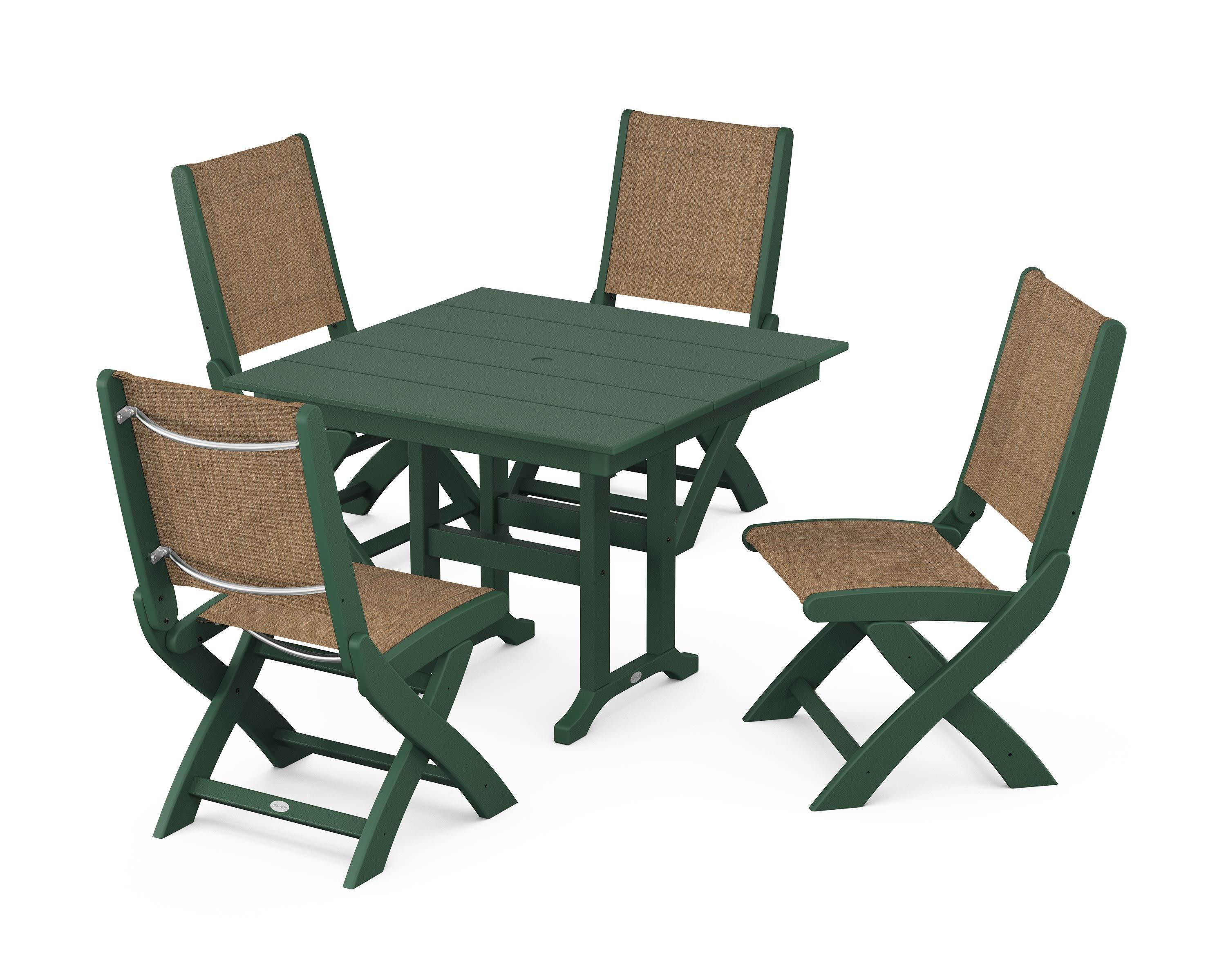Coastal Folding Side Chair 5-Piece Farmhouse Dining Set in Green / Burlap Sling