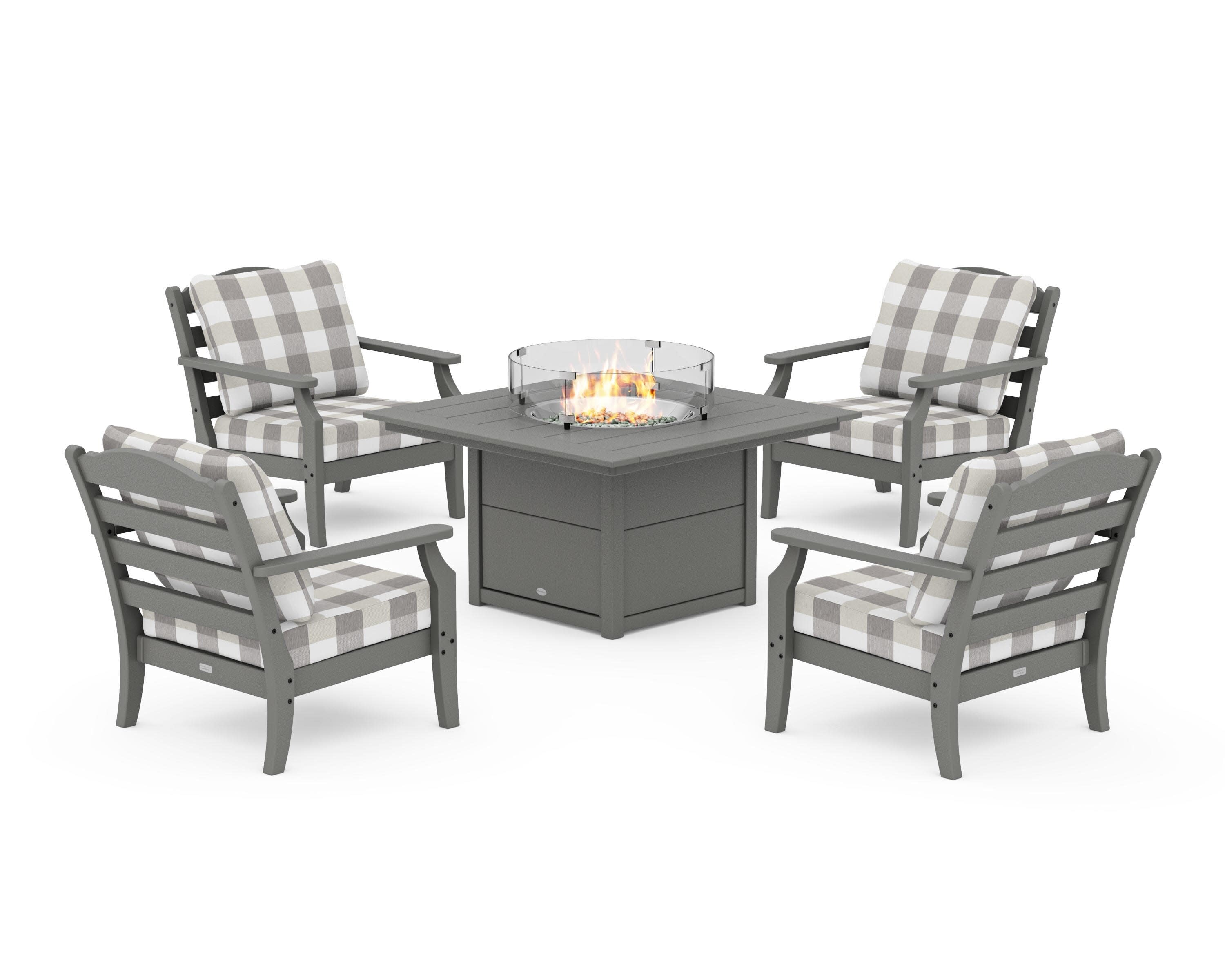 Savannah 5-Piece Deep Seating Set with Fire Pit Table in Slate Grey / Buffalo Plaid Grey Mist