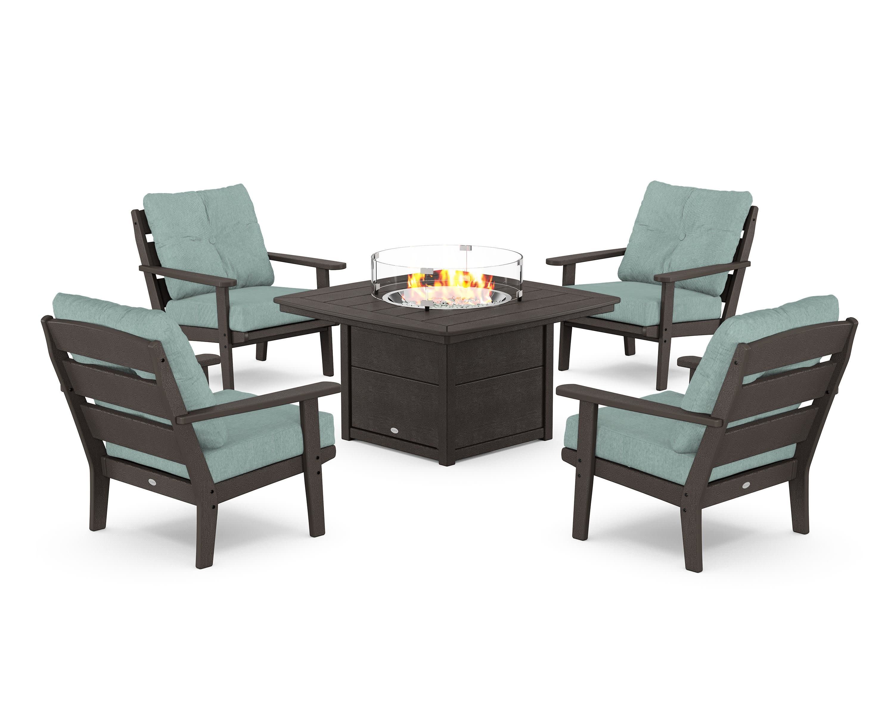Lakeside 5-Piece Deep Seating Set with Nautical Fire Pit Table in Vintage Coffee / Glacier Spa