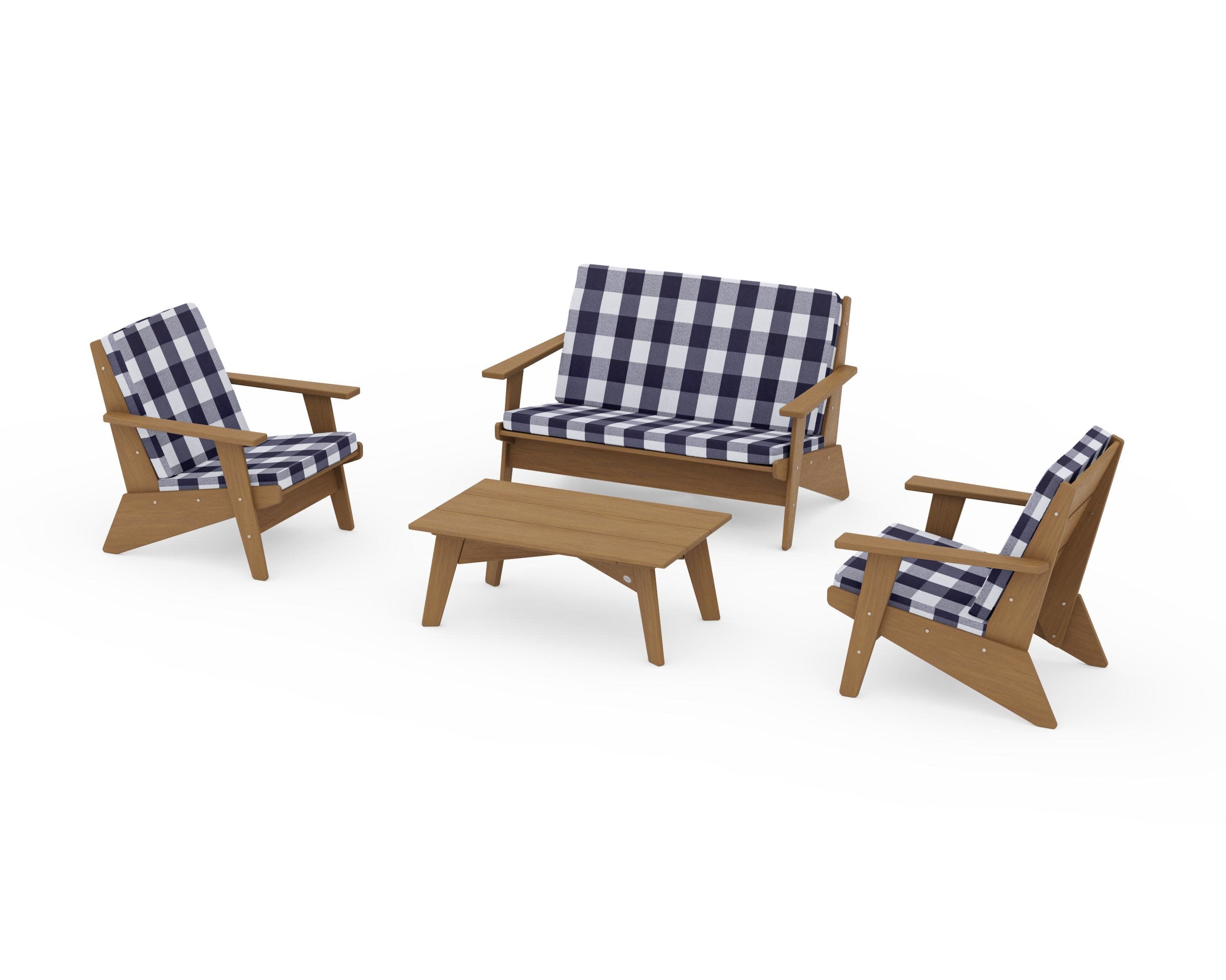 Riviera Modern Lounge 4-Piece Set in Natural / Buffalo Plaid Navy