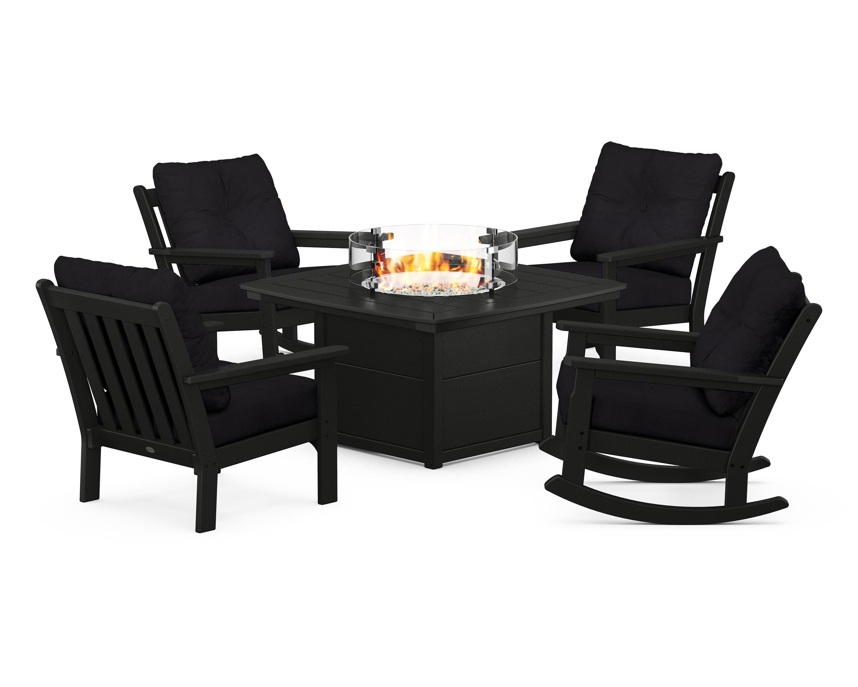 Vineyard 5-Piece Deep Seating Rocking Chair Conversation Set with Fire Pit Table in Black / Midnight Linen