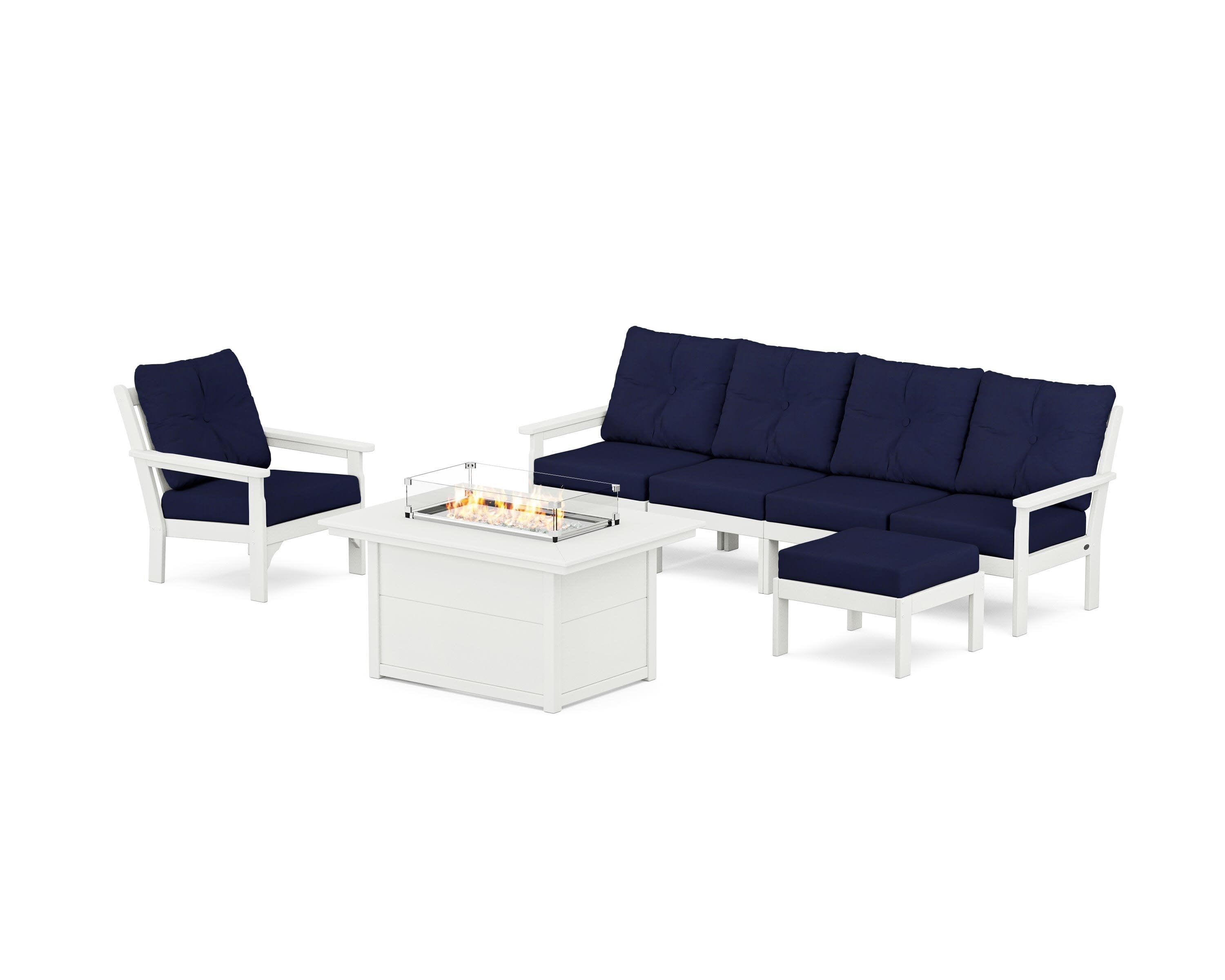 Vineyard Sectional Lounge and Fire Pit Set in Vintage White / Navy