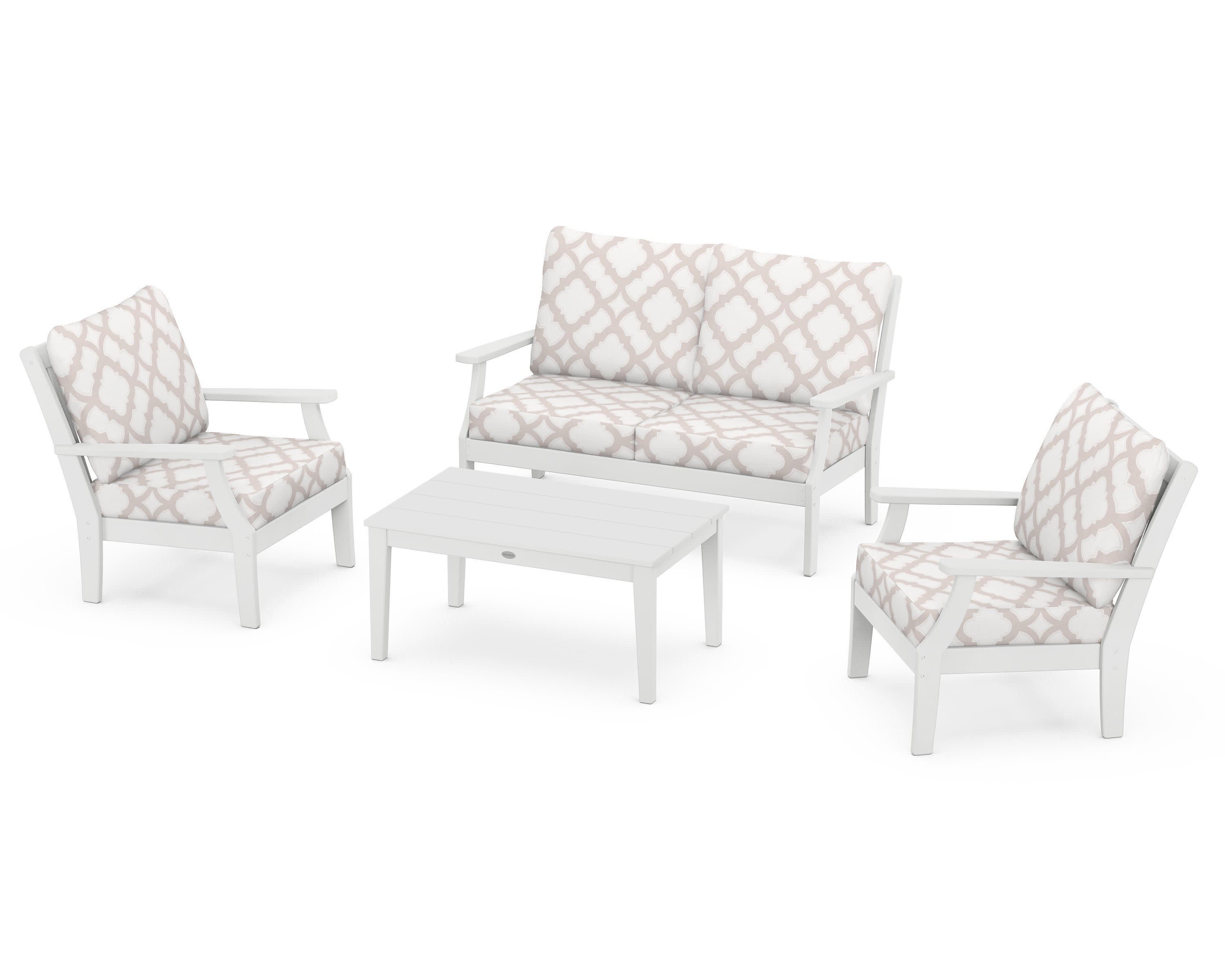 Braxton 4-Piece Deep Seating Chair Set in White / Trellis Dune Burlap