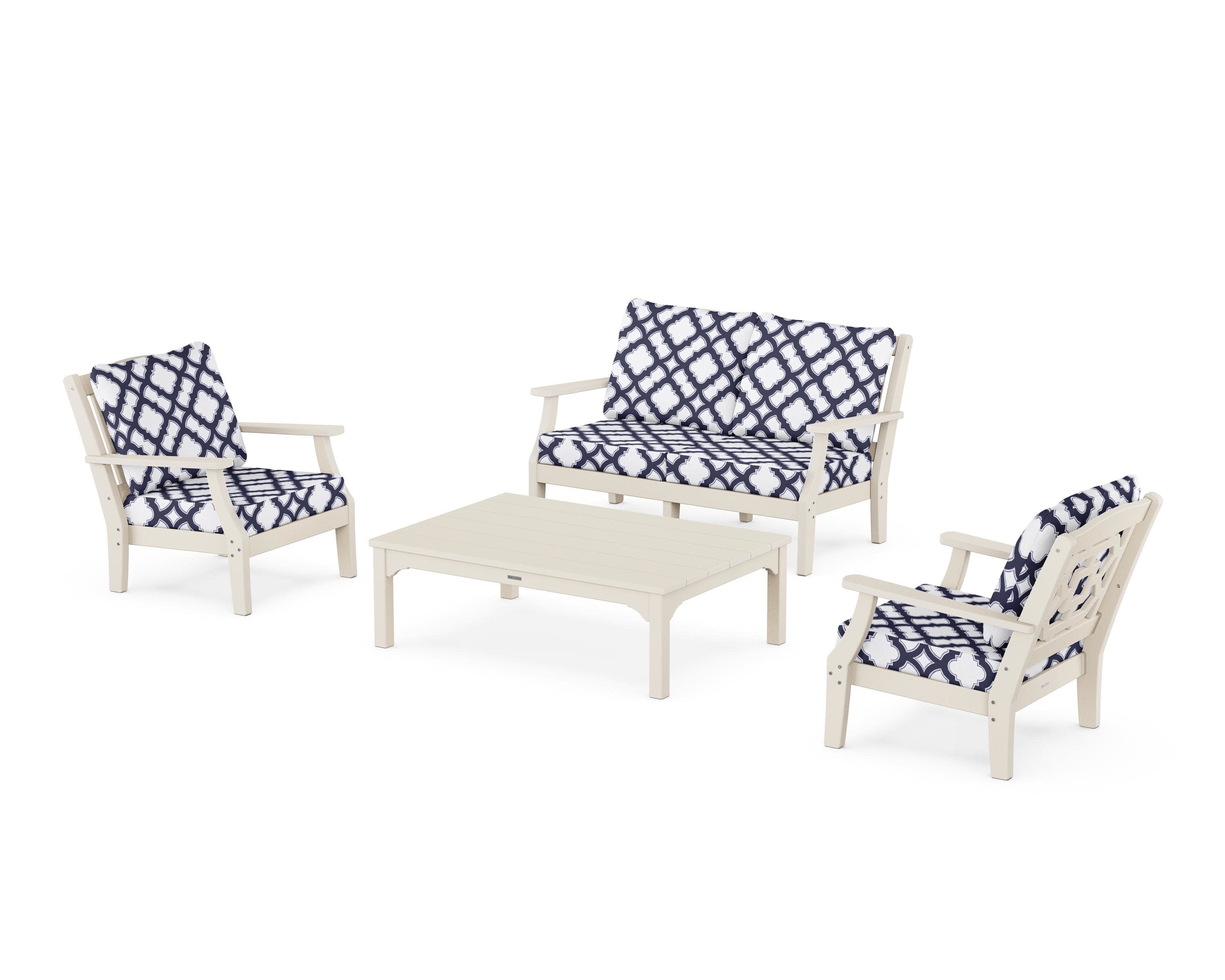 Chinoiserie 4-Piece Deep Seating Set with Loveseat in Sand / Trellis Navy