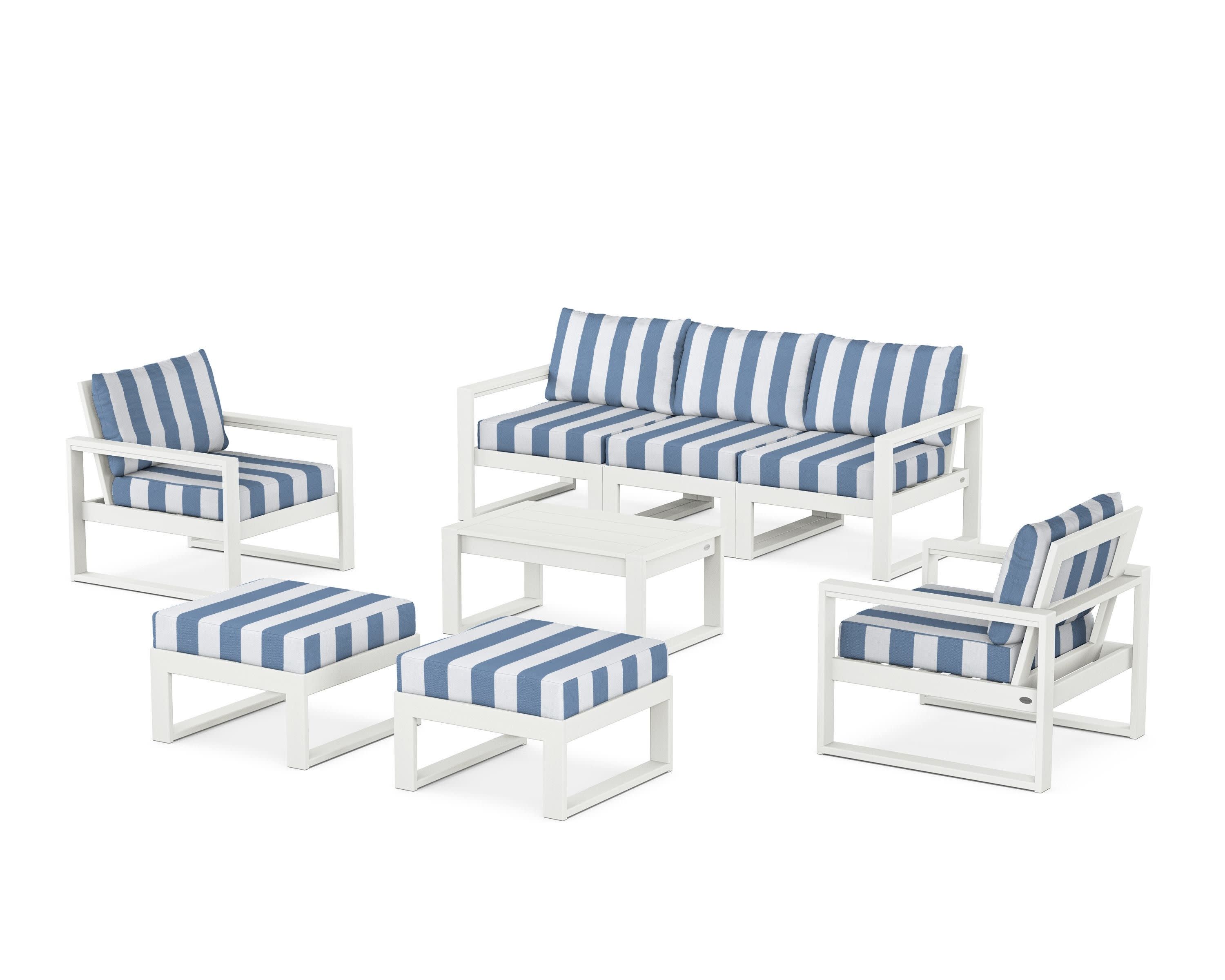 EDGE Sectional 8-Piece Lounge Sofa Set in Vintage White / Cabana Stripe Sky Blue
