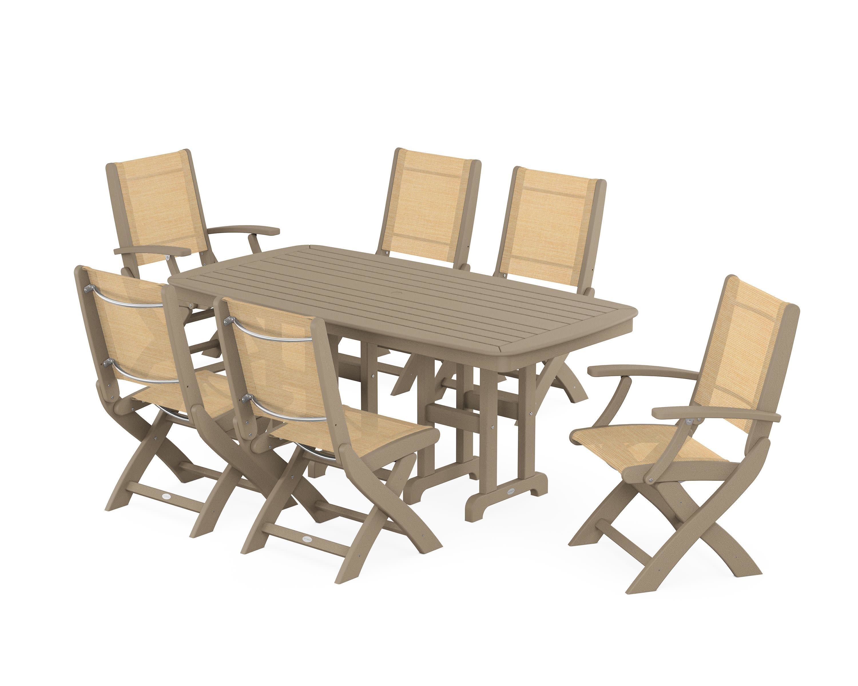 Coastal Folding Chair 7-Piece Dining Set in Vintage Sahara / Dupioni Apricot Sling