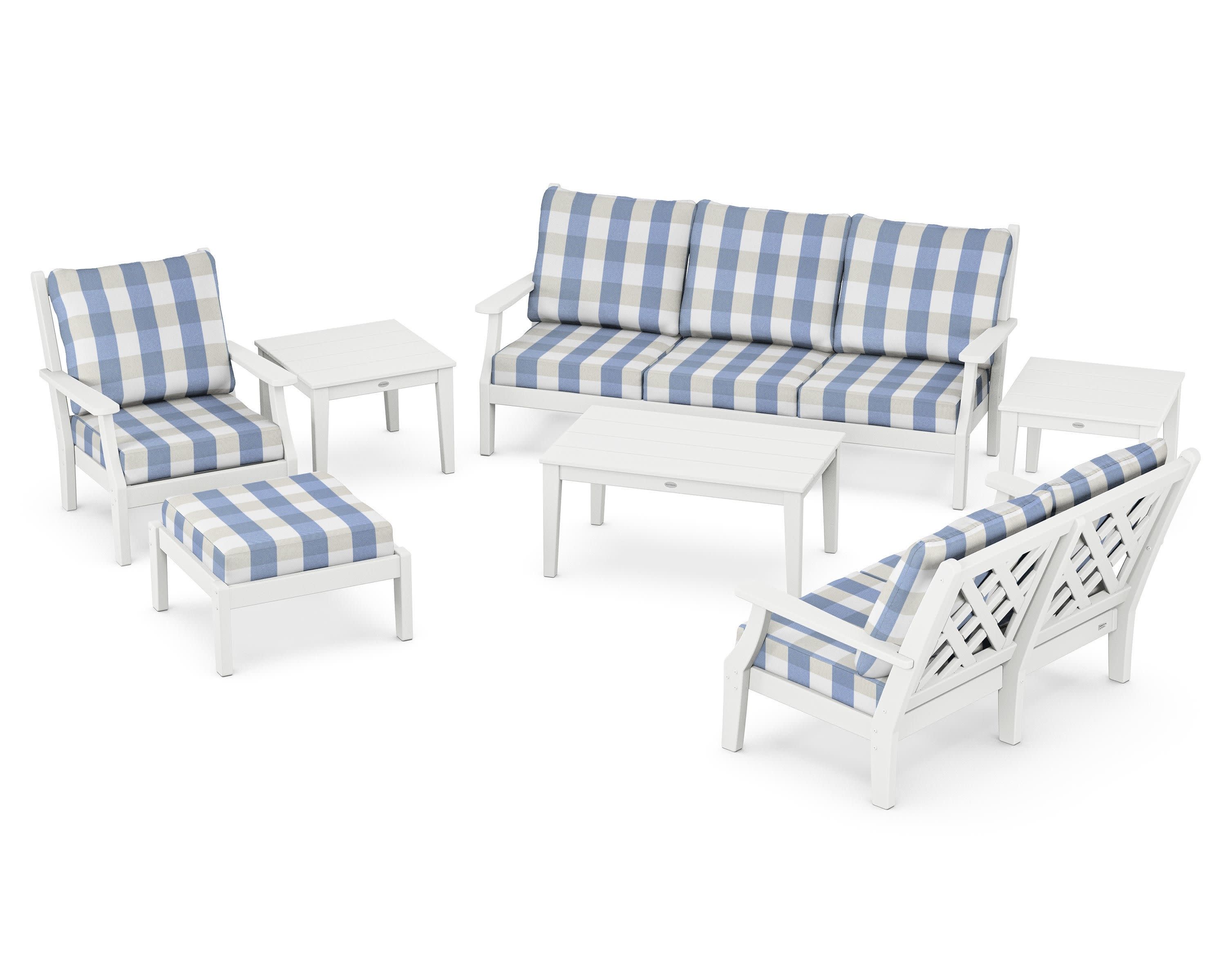 Wovendale 7-Piece Deep Seating Set in White / Buffalo Plaid Sky Blue