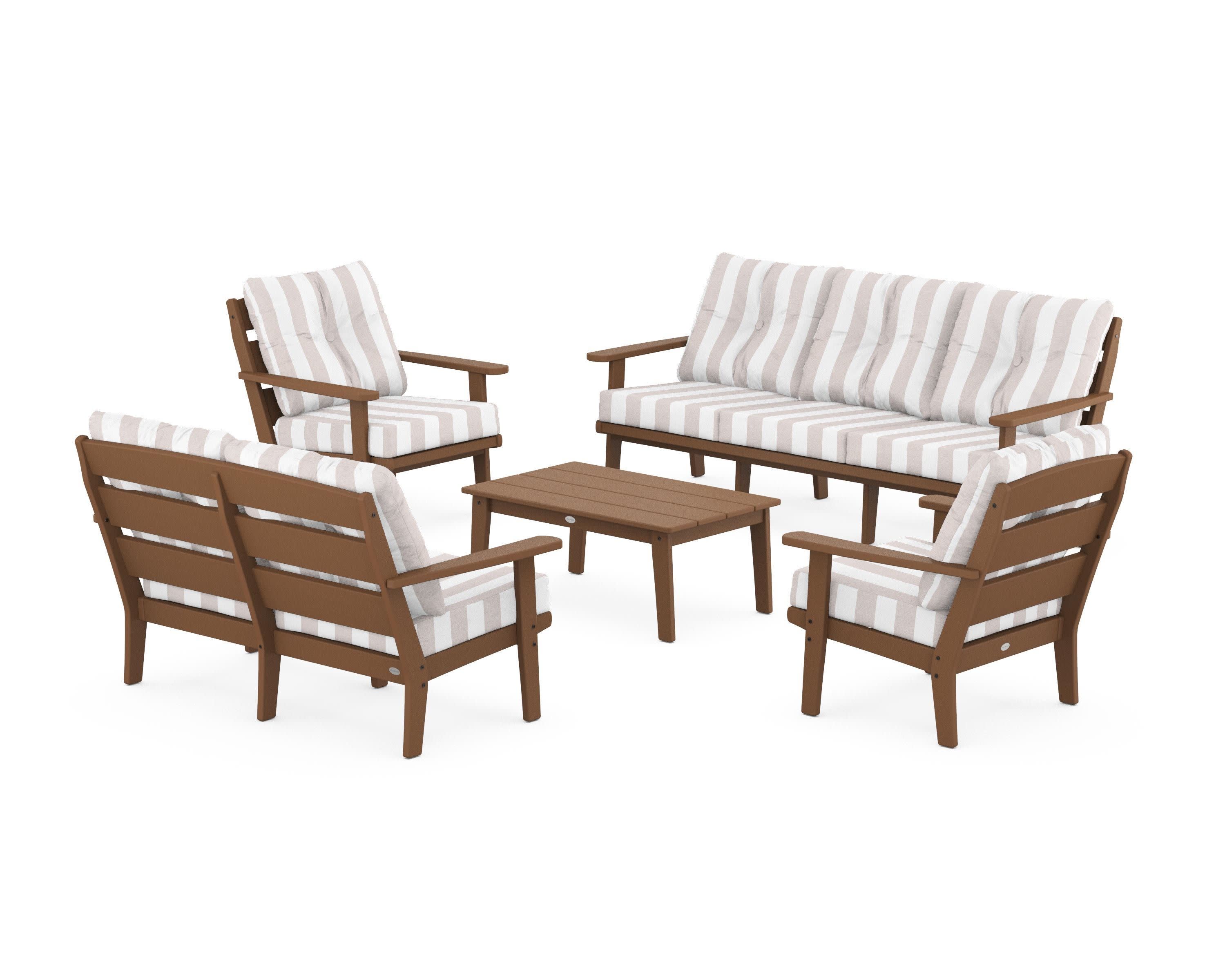 Lakeside 5-Piece Lounge Sofa Set in Teak / Cabana Stripe Dune Burlap
