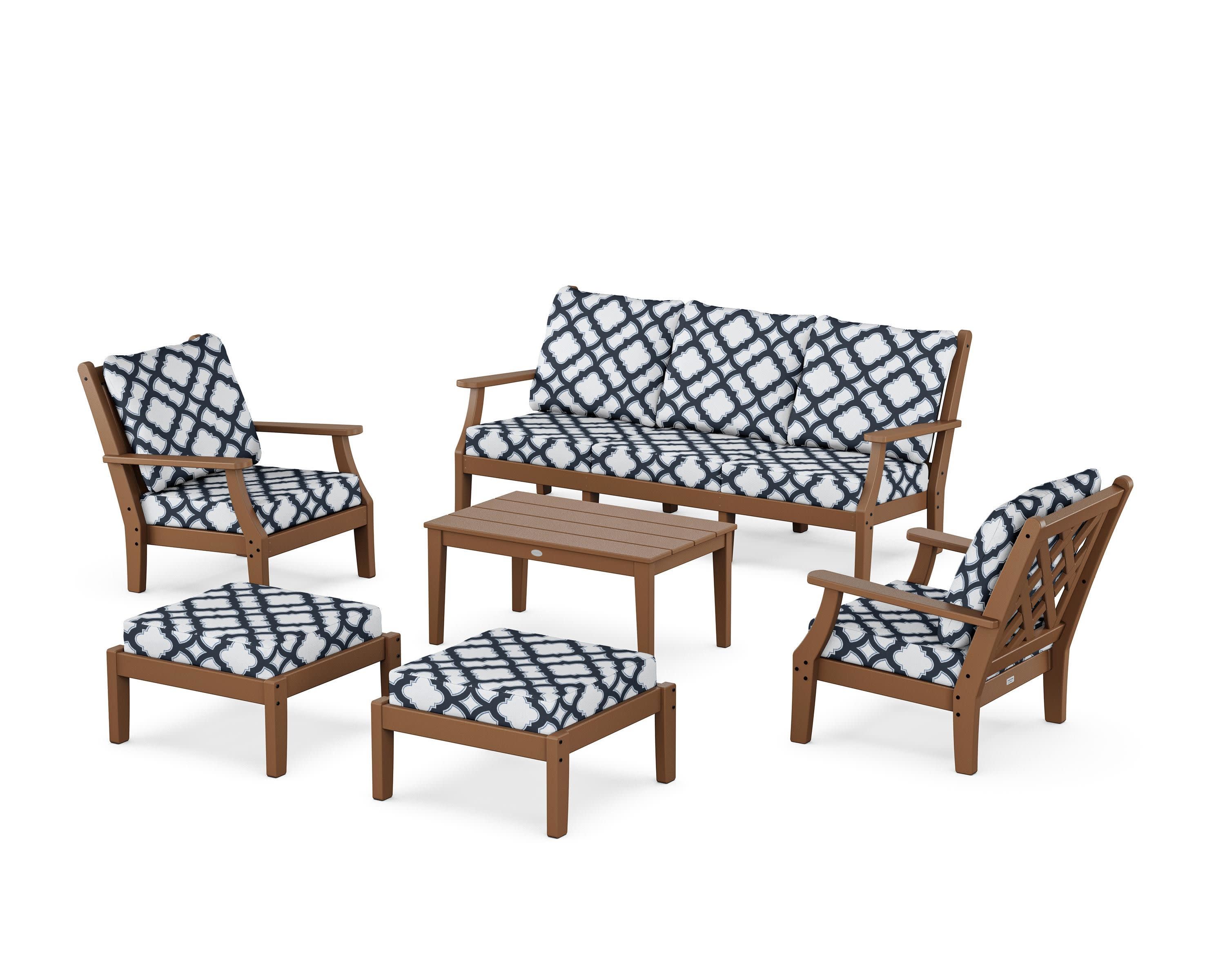 Wovendale 6-Piece Lounge Sofa Set in Teak / Trellis Marine Indigo