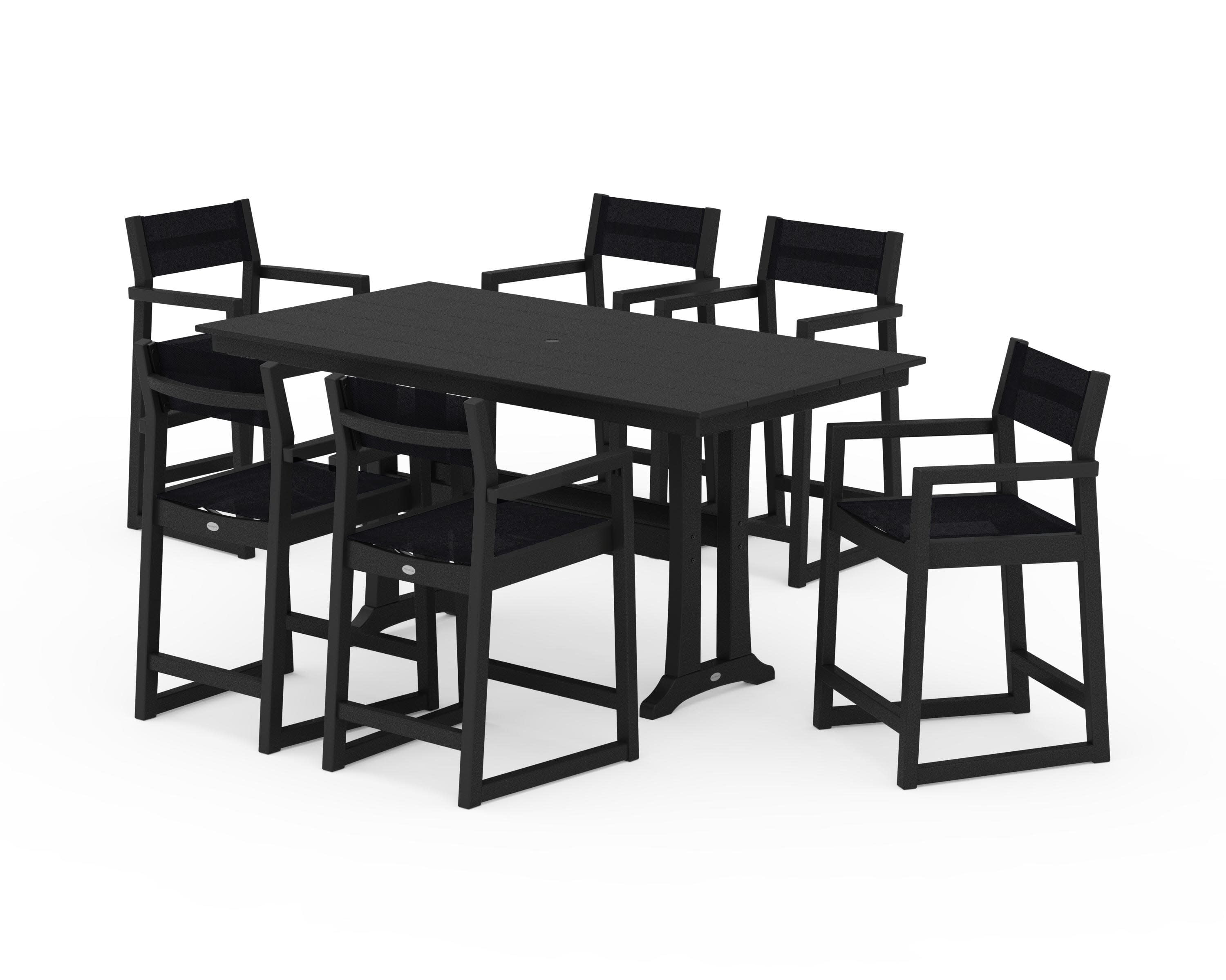 EDGE Sling Arm Chair 7-Piece Farmhouse Counter Set with Trestle Legs in Black / Black Sling