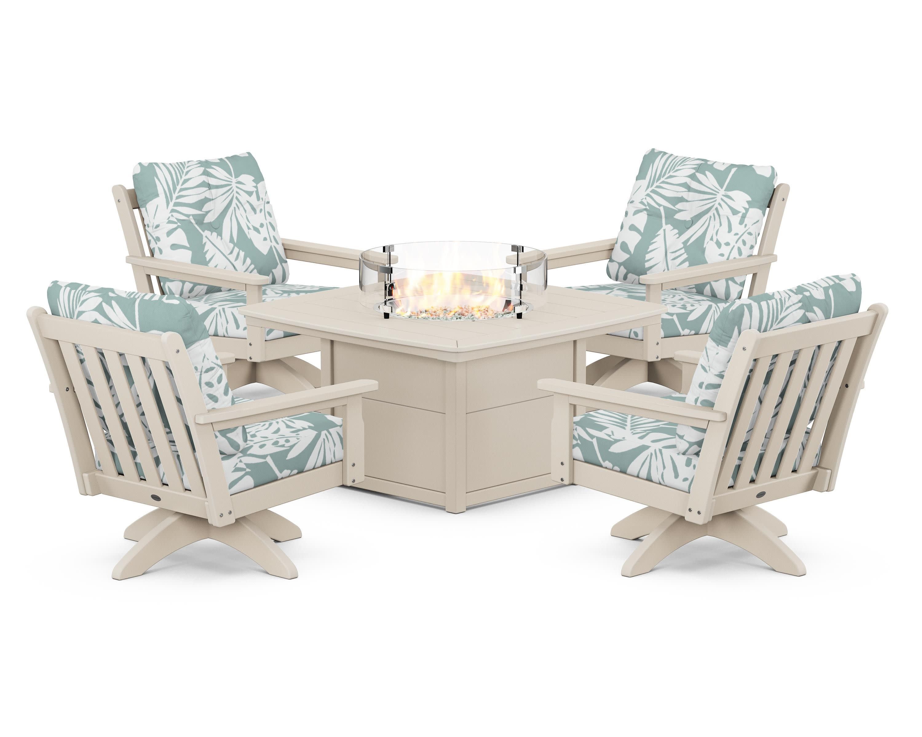Vineyard 5-Piece Deep Seating Swivel Conversation Set with Fire Pit Table in Sand / Leaf Glacier Spa