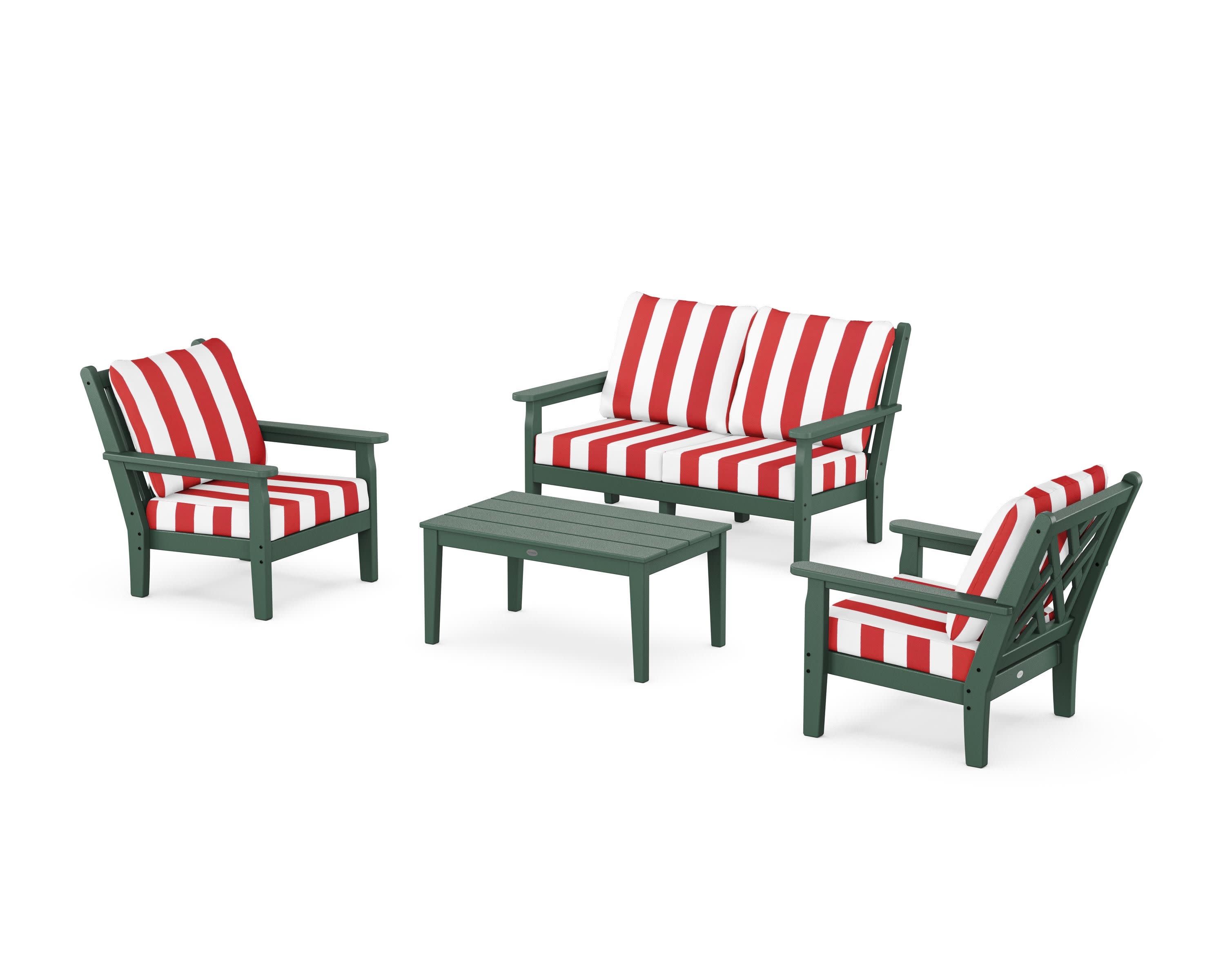 Chippendale 4-Piece Deep Seating Set with Loveseat in Green / Cabana Stripe Crimson