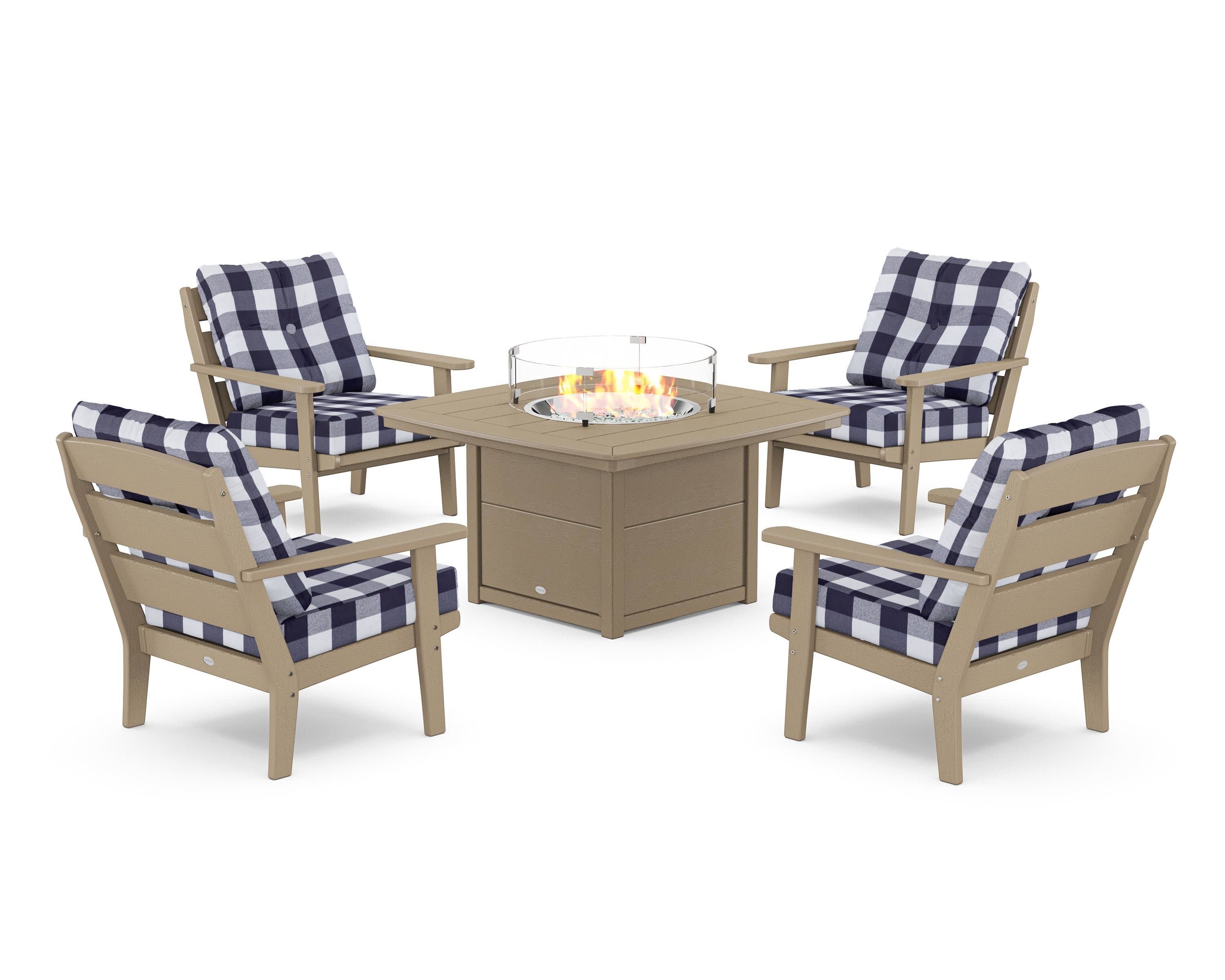 Lakeside 5-Piece Deep Seating Set with Nautical Fire Pit Table in Vintage Sahara / Buffalo Plaid Navy