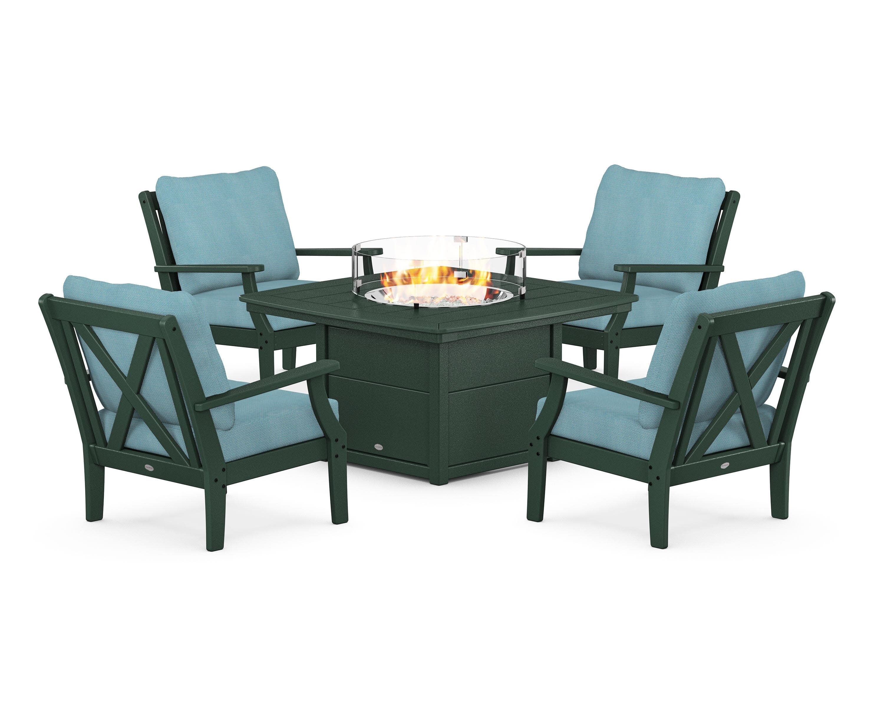 Braxton 5-Piece Deep Seating Conversation Set with Fire Pit Table in Green / Lattice Sky Blue