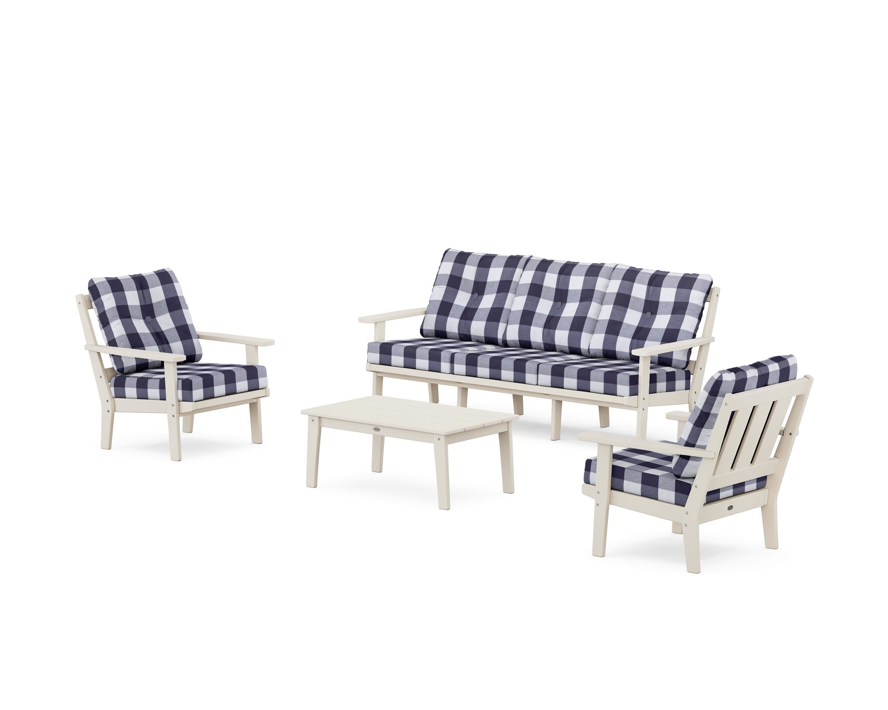 Oxford 4-Piece Deep Seating Set with Sofa in Sand / Buffalo Plaid Navy