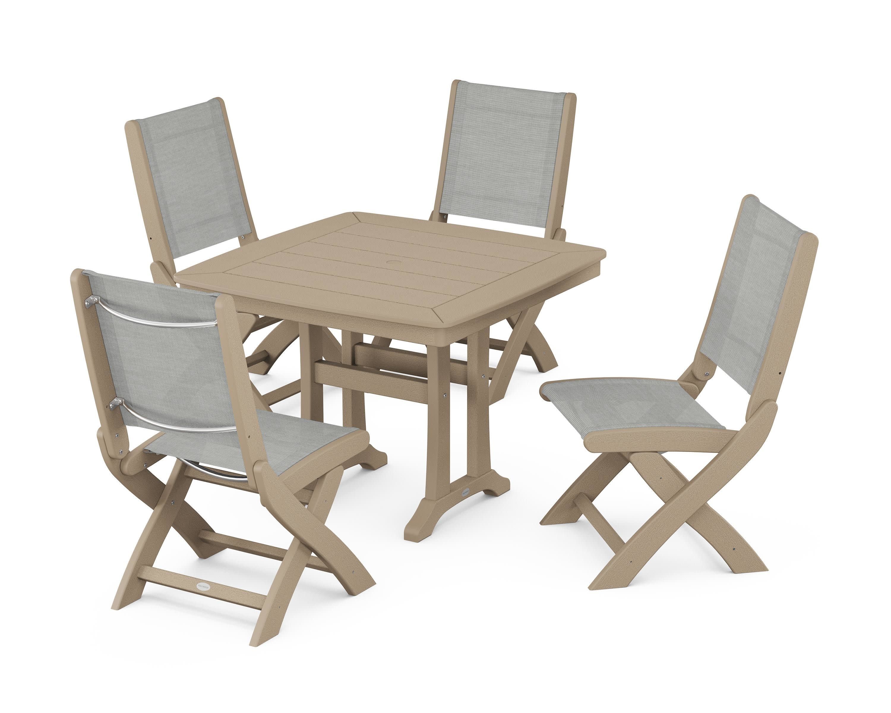 Coastal Folding Side Chair 5-Piece Dining Set with Trestle Legs in Vintage Sahara / Metallic Sling