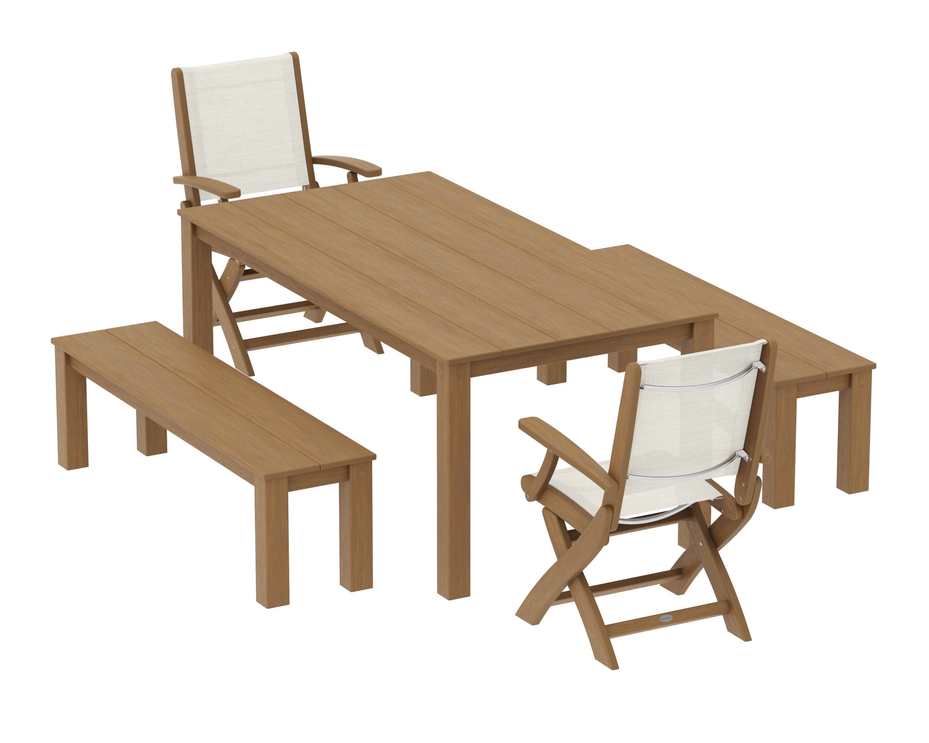 Coastal Folding Chair 5-Piece Parsons Dining Set with Benches in Natural / Parchment Sling
