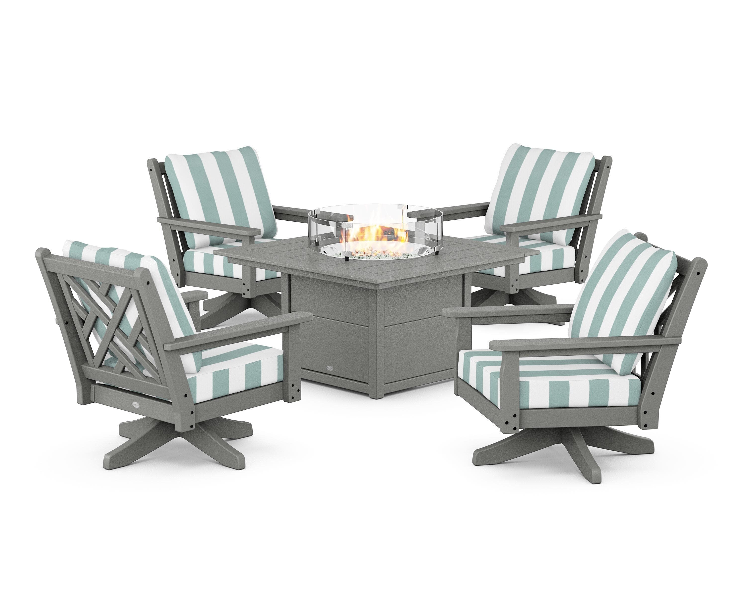 Chippendale 5-Piece Deep Seating Swivel Conversation Set with Fire Pit Table in Slate Grey / Cabana Stripe Glacier Spa