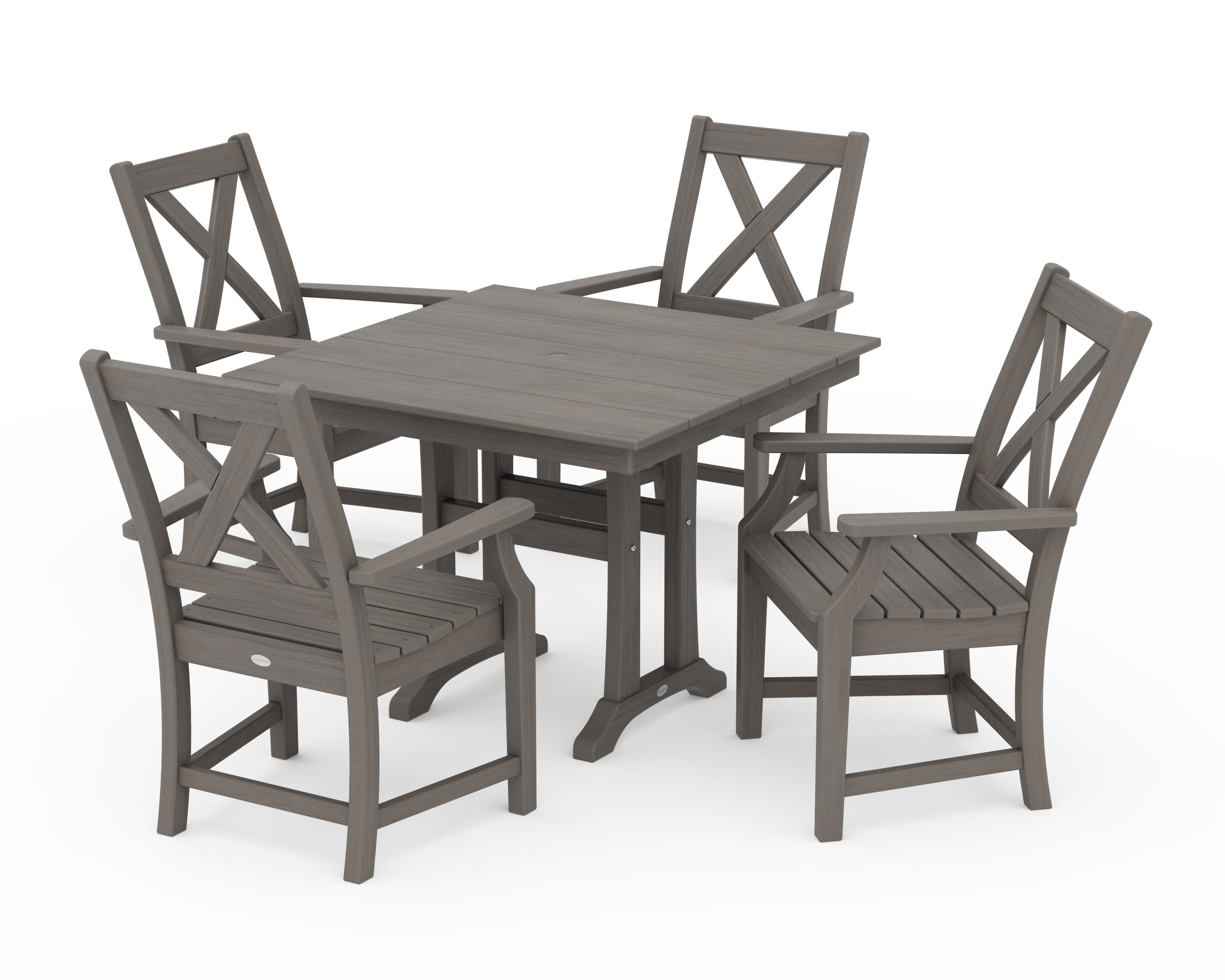 Braxton 5-Piece Farmhouse Dining Set With Trestle Legs in Driftwood
