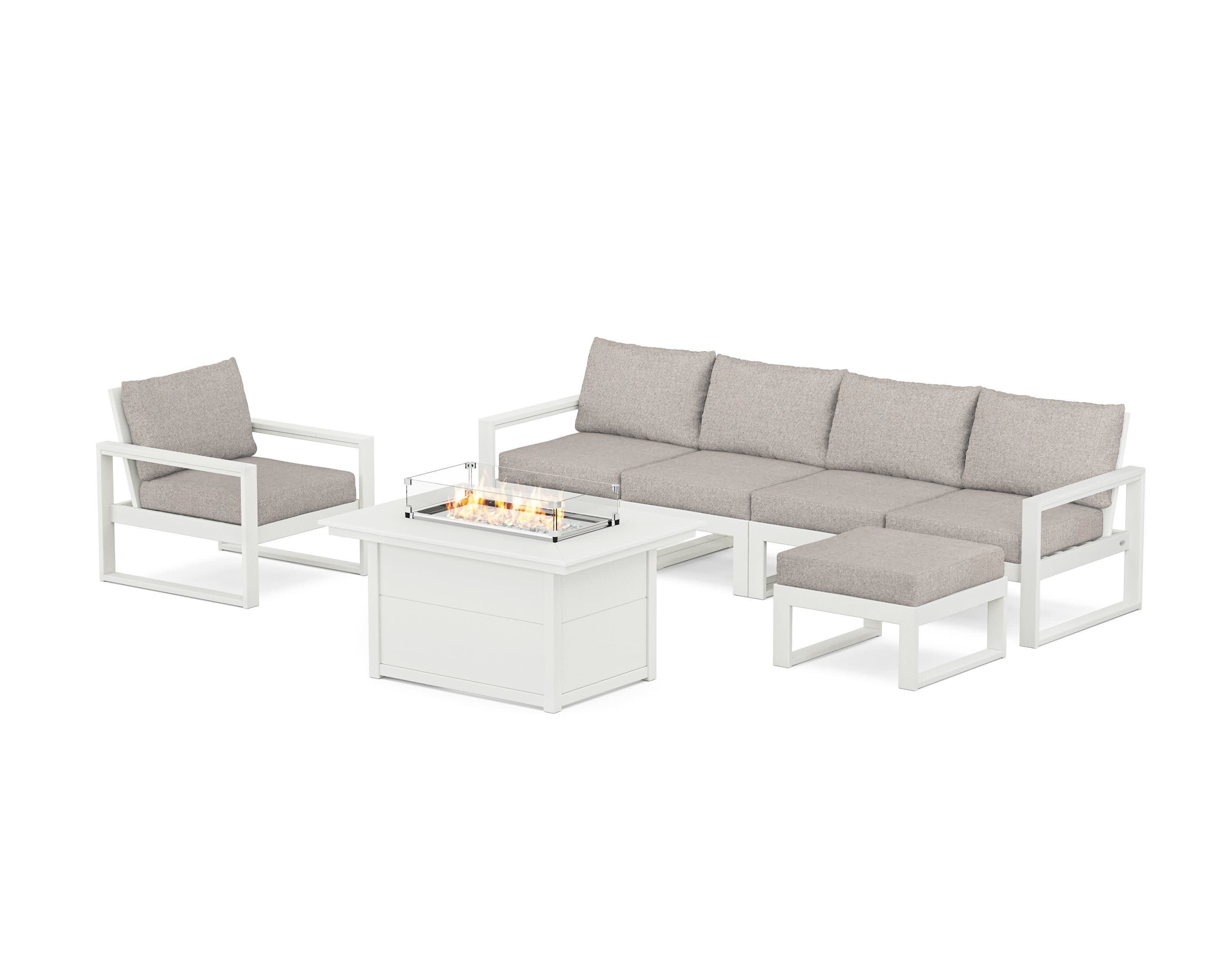 EDGE Sectional Lounge and Fire Pit Set in Vintage White / Weathered Tweed