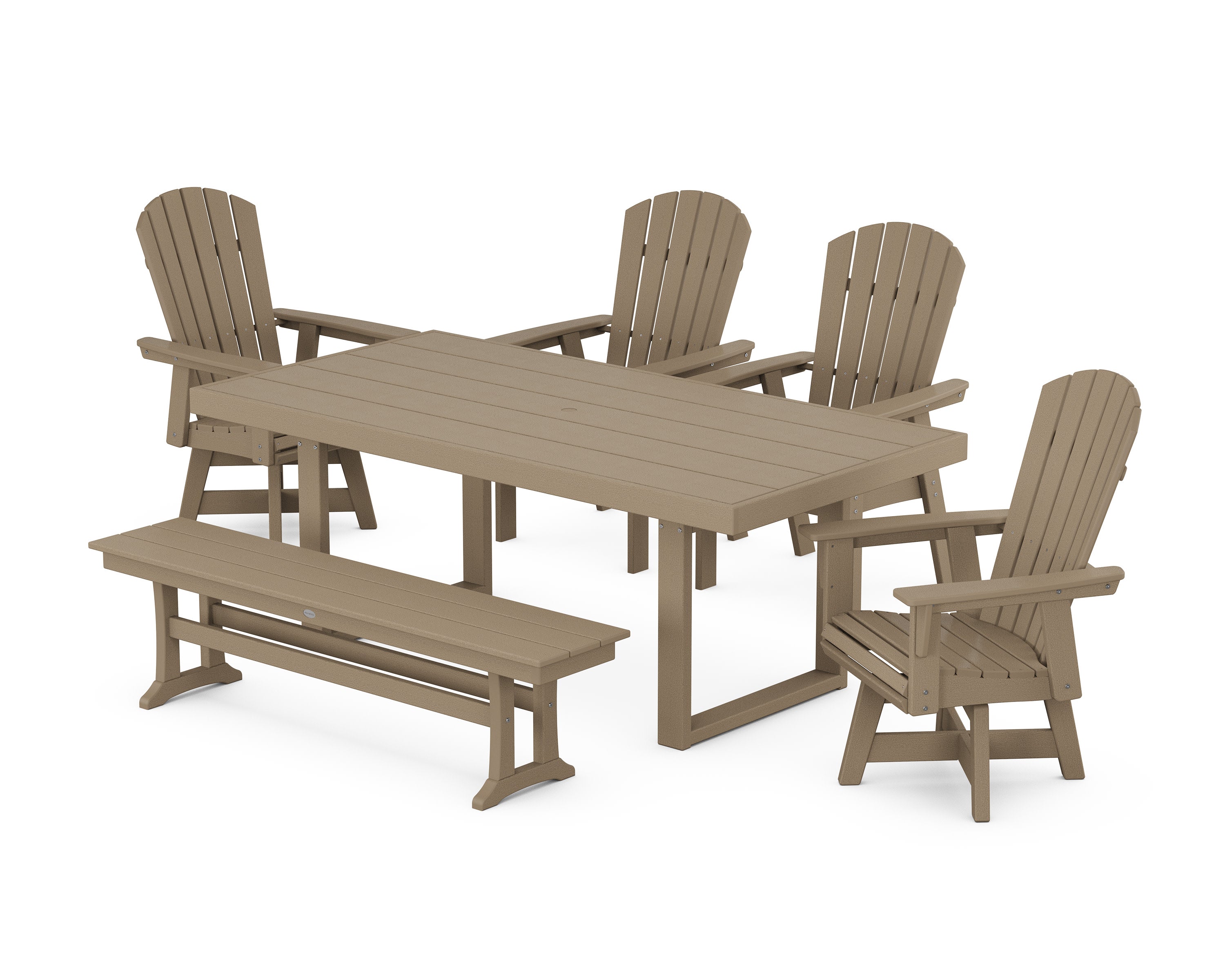 Nautical Curveback Adirondack Swivel Chair 6-Piece Dining Set with Bench in Vintage Sahara