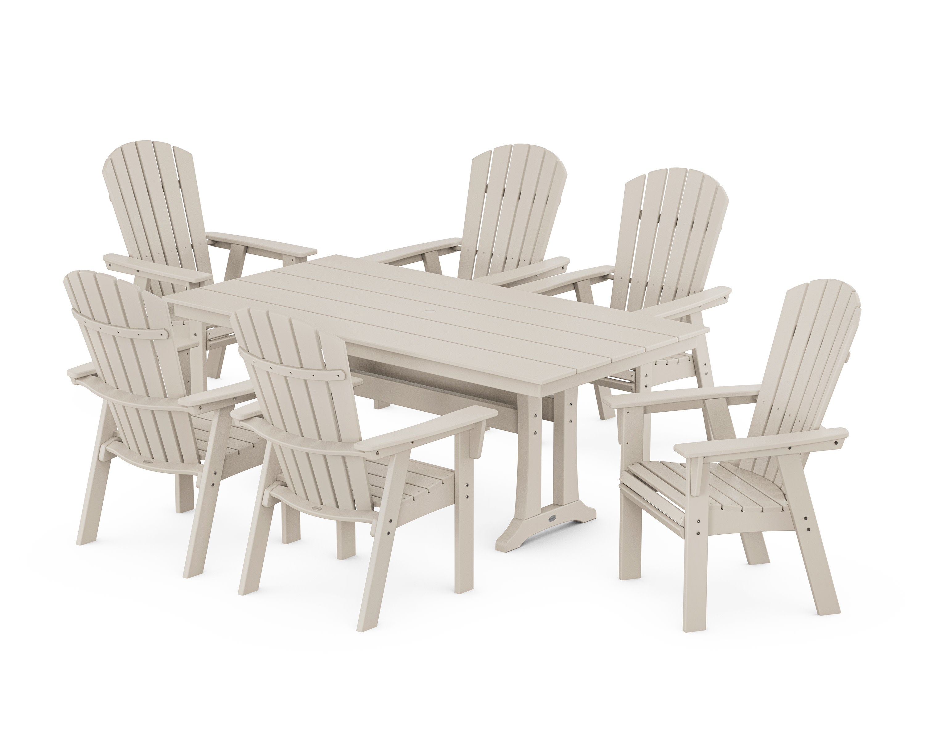 Nautical Curveback Adirondack 7-Piece Farmhouse Dining Set with Trestle Legs in Sand