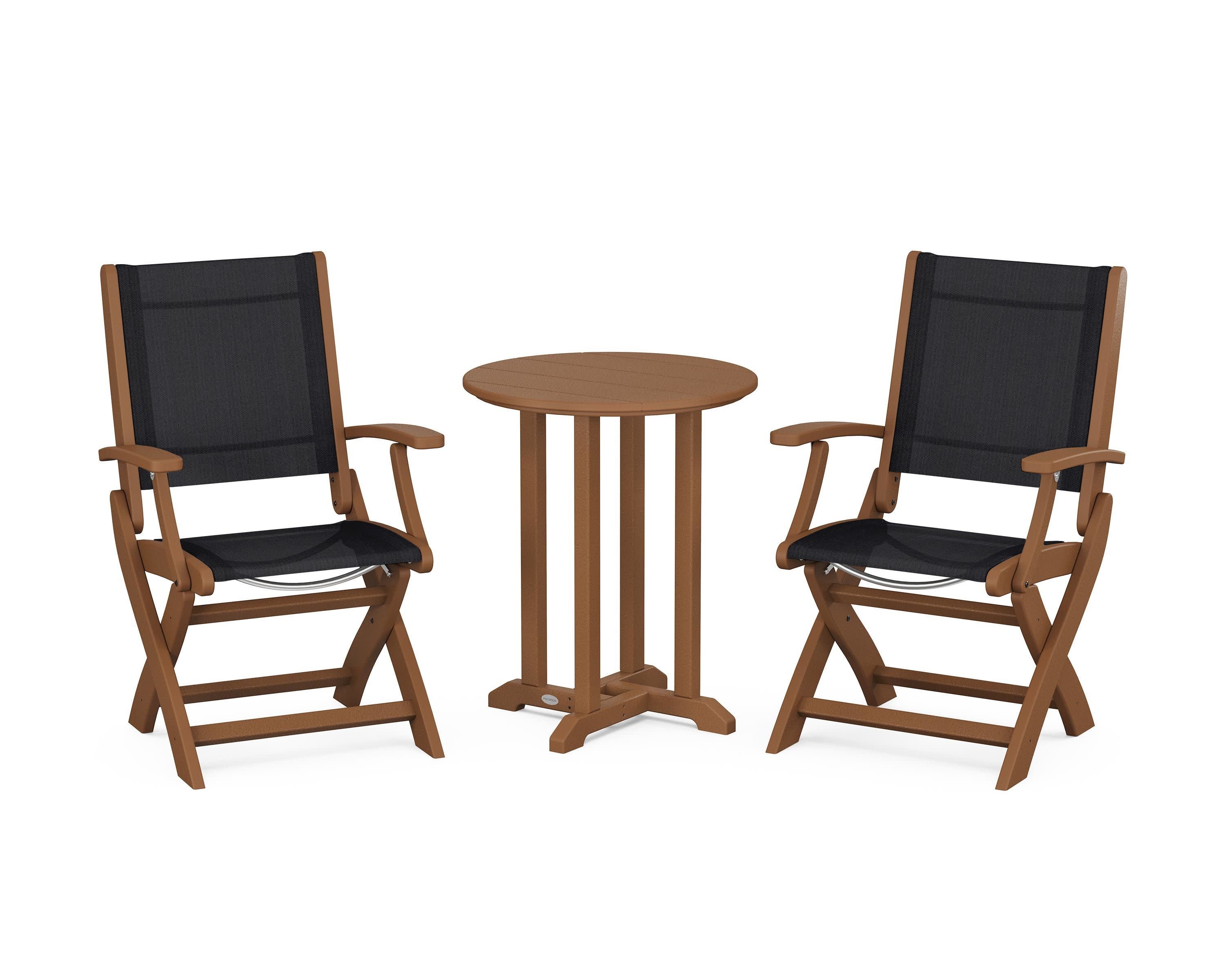 Coastal Folding 3-Piece Round Bistro Dining Set in Teak / Black Sling