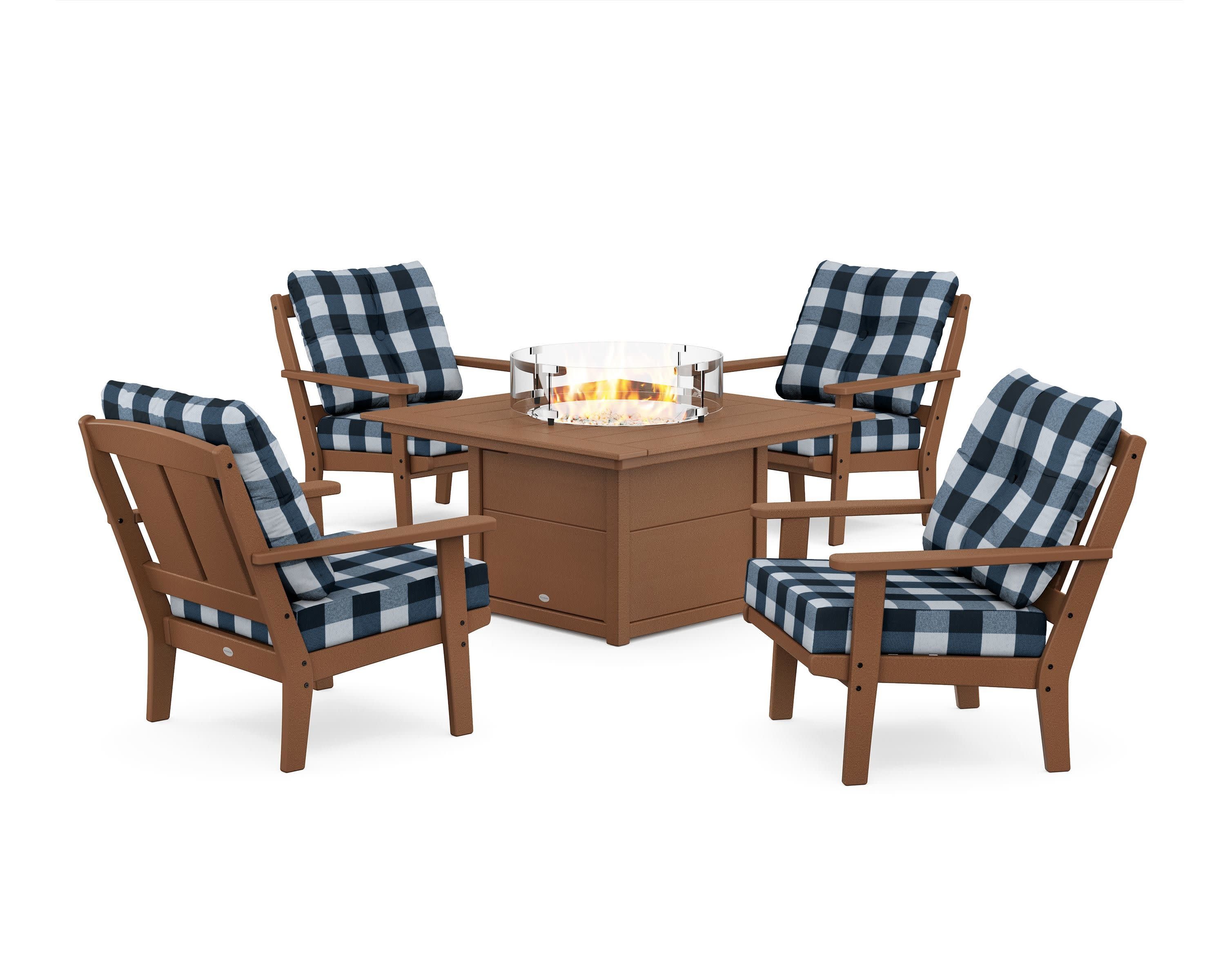 Mission 5-Piece Deep Seating Set with Fire Pit Table in Teak / Buffalo Plaid Marine Indigo