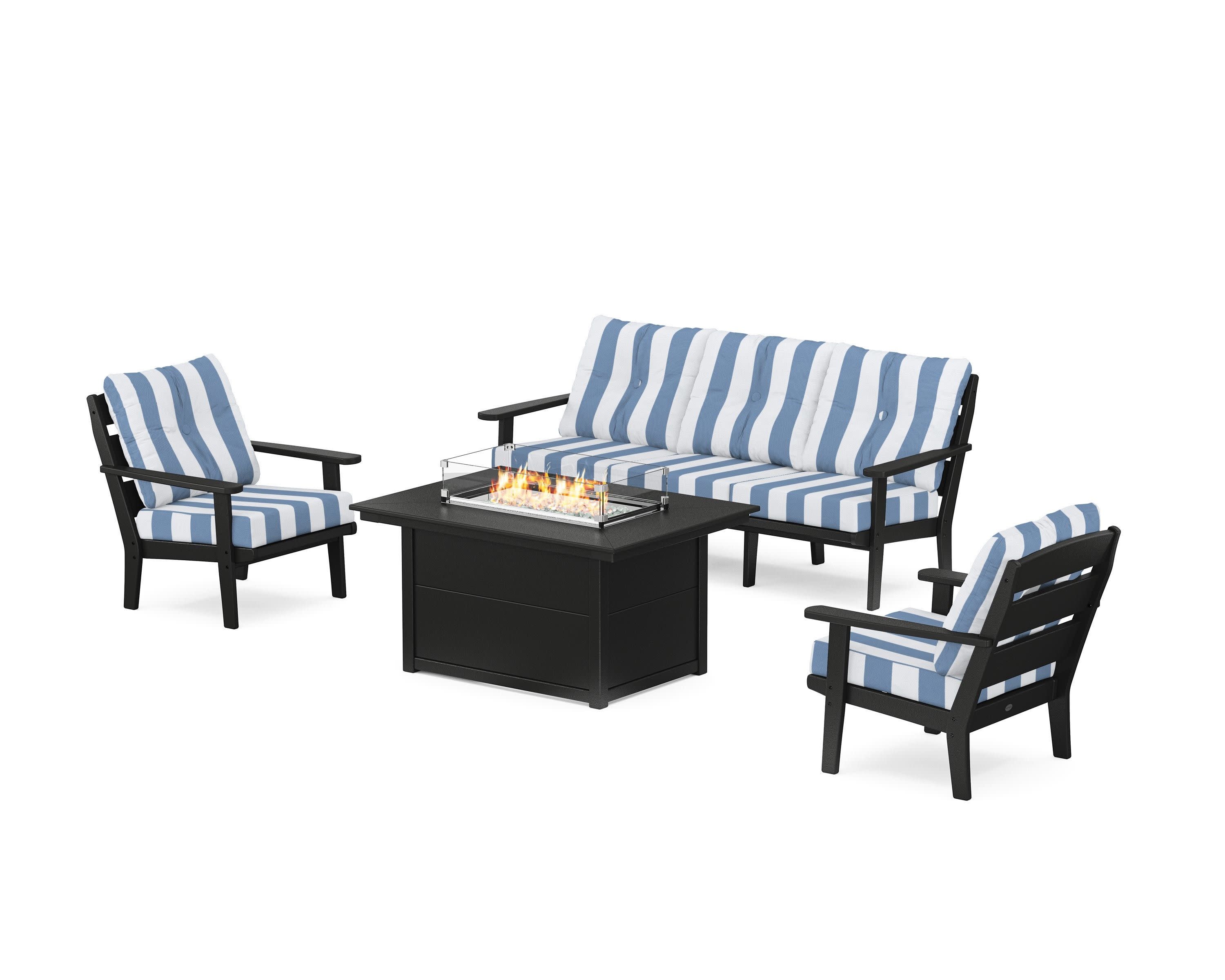 Lakeside Deep Seating Fire Pit Table Set in Black / Cabana Stripe Sky Blue