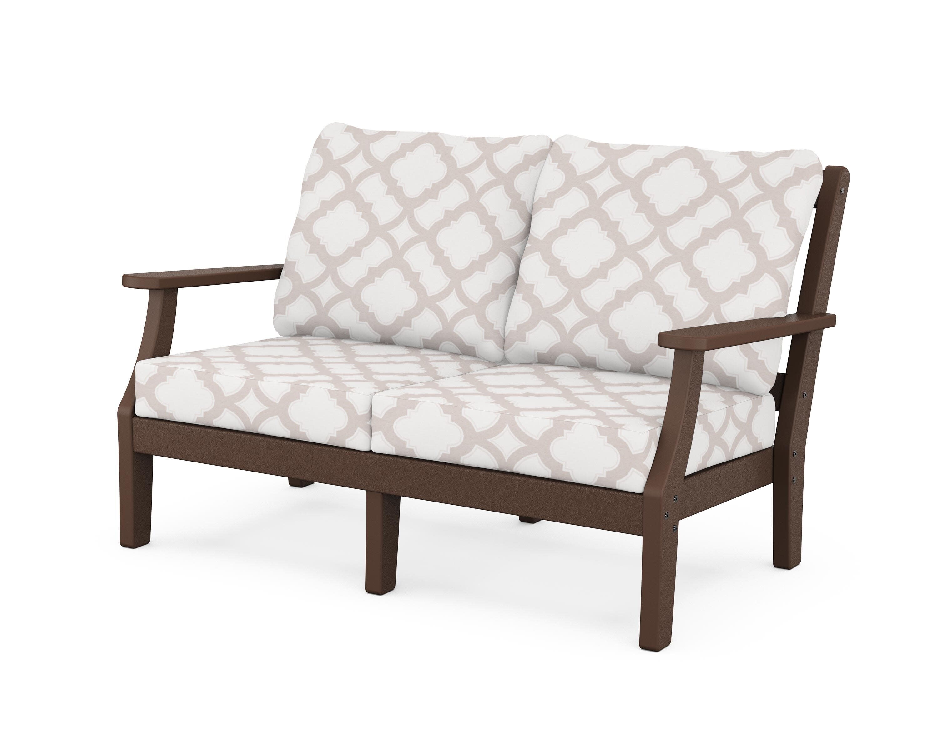 Chinoiserie Deep Seating Loveseat in Mahogany / Trellis Dune Burlap
