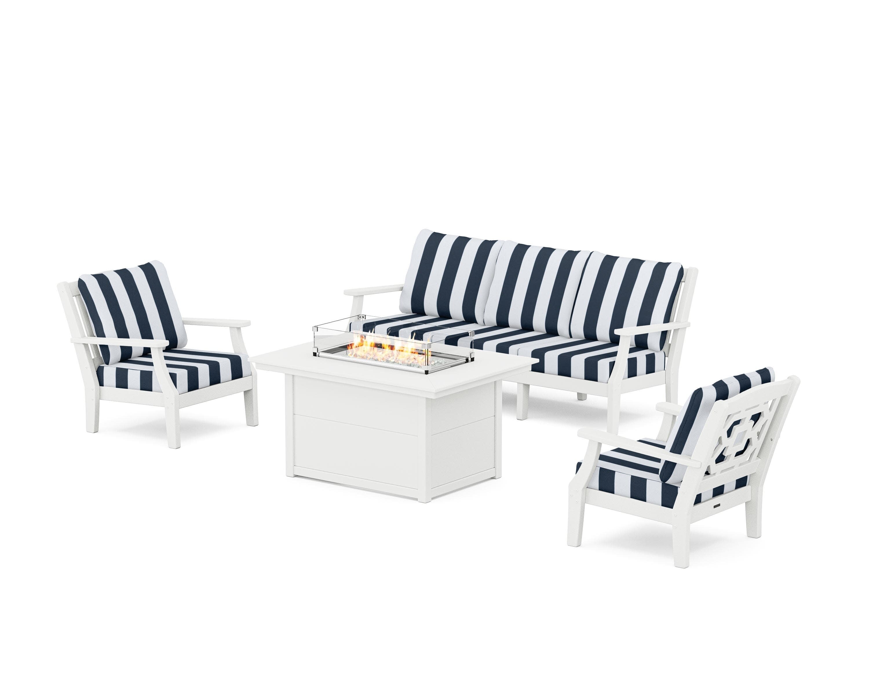 Chinoiserie Deep Seating Fire Pit Table Set in White / Cabana Stripe Marine Indigo