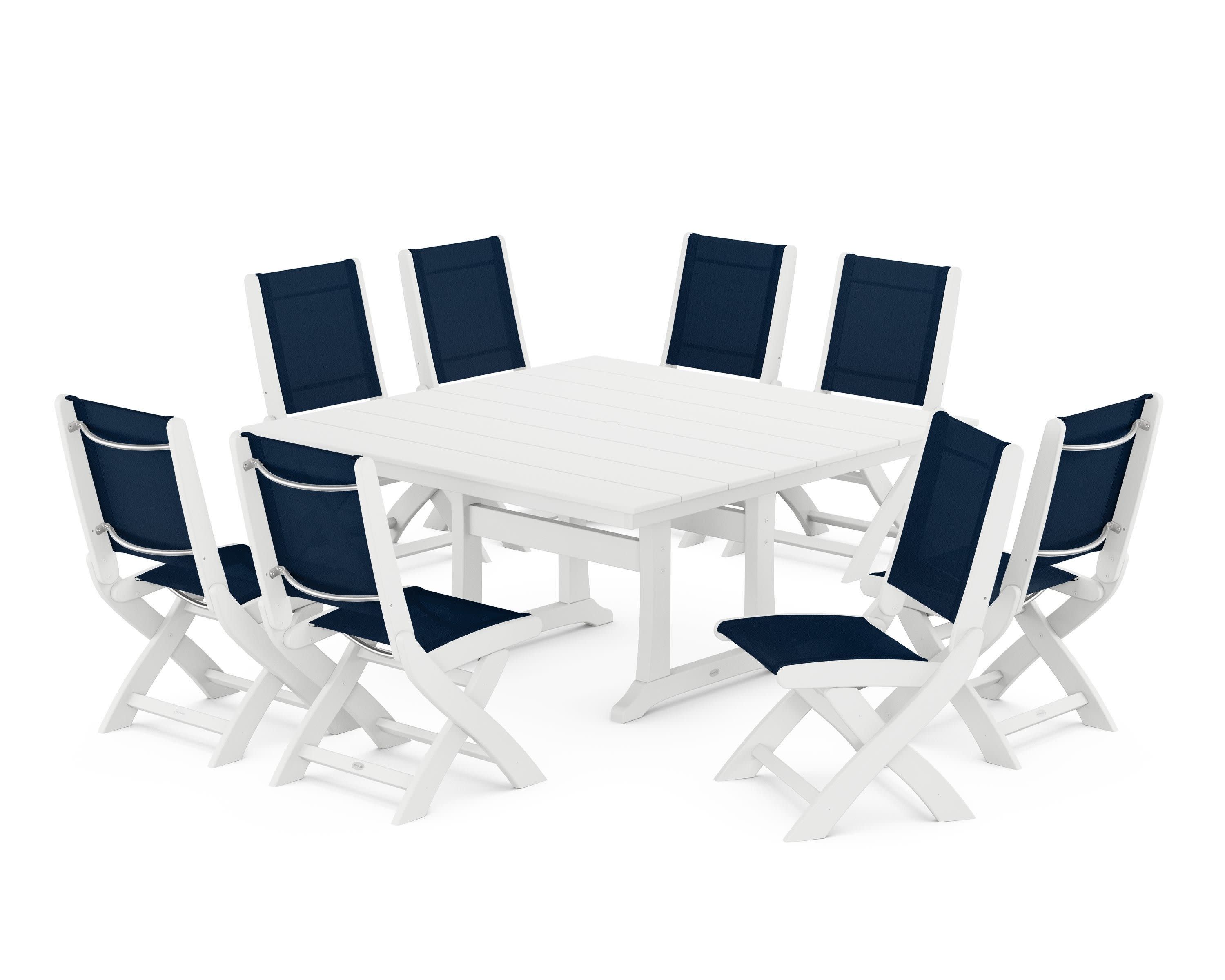 Coastal Folding Side Chair 9-Piece Farmhouse Dining Set in White / Navy Blue Sling