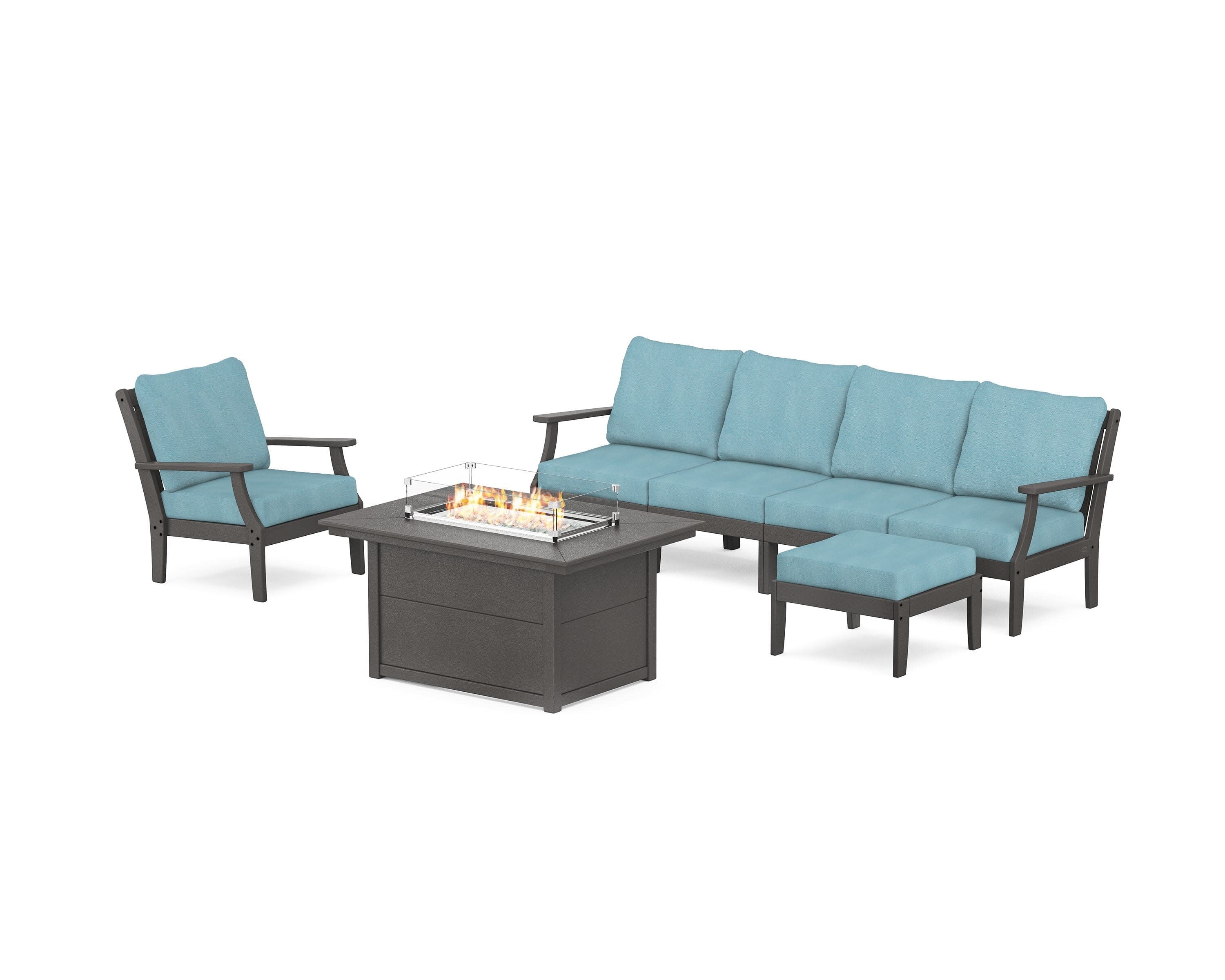 Braxton Sectional Lounge and Fire Pit Set in Vintage Coffee / Lattice Sky Blue