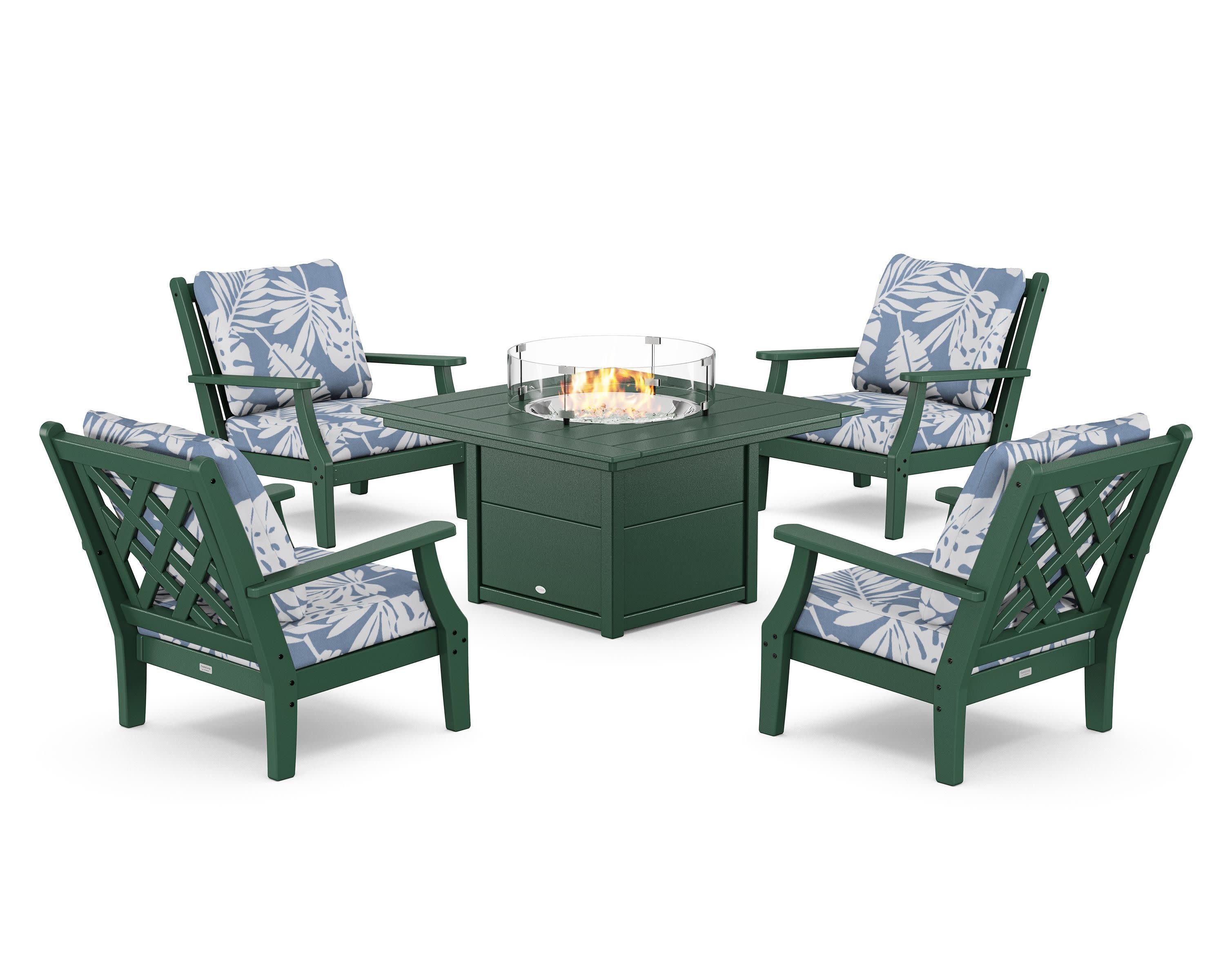 Wovendale 5-Piece Deep Seating Set with Fire Pit Table in Green / Leaf Sky Blue