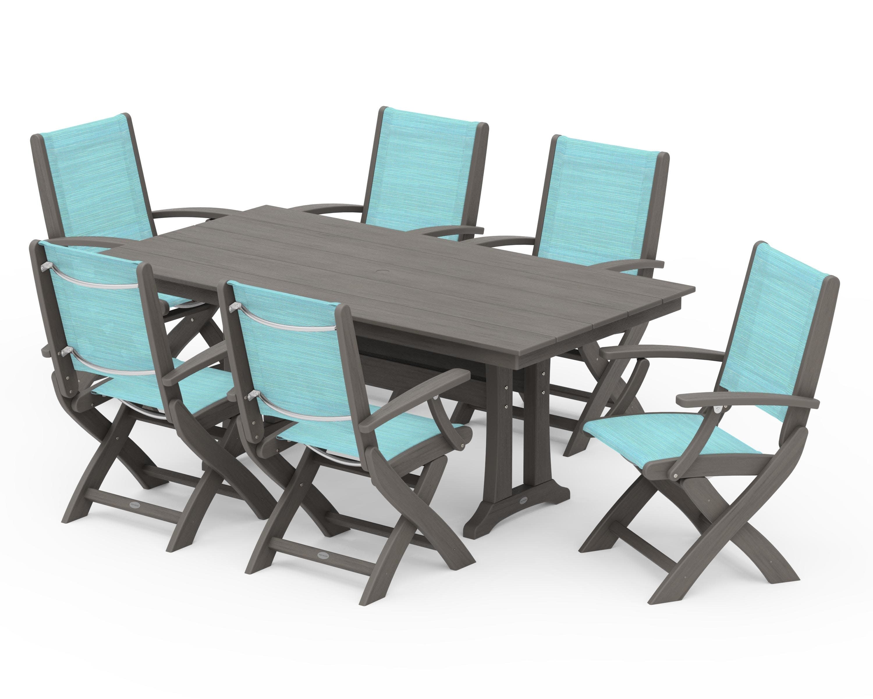 Coastal Folding Arm Chair 7-Piece Farmhouse Dining Set with Trestle Legs in Driftwood / Dupioni Aquamarine Sling