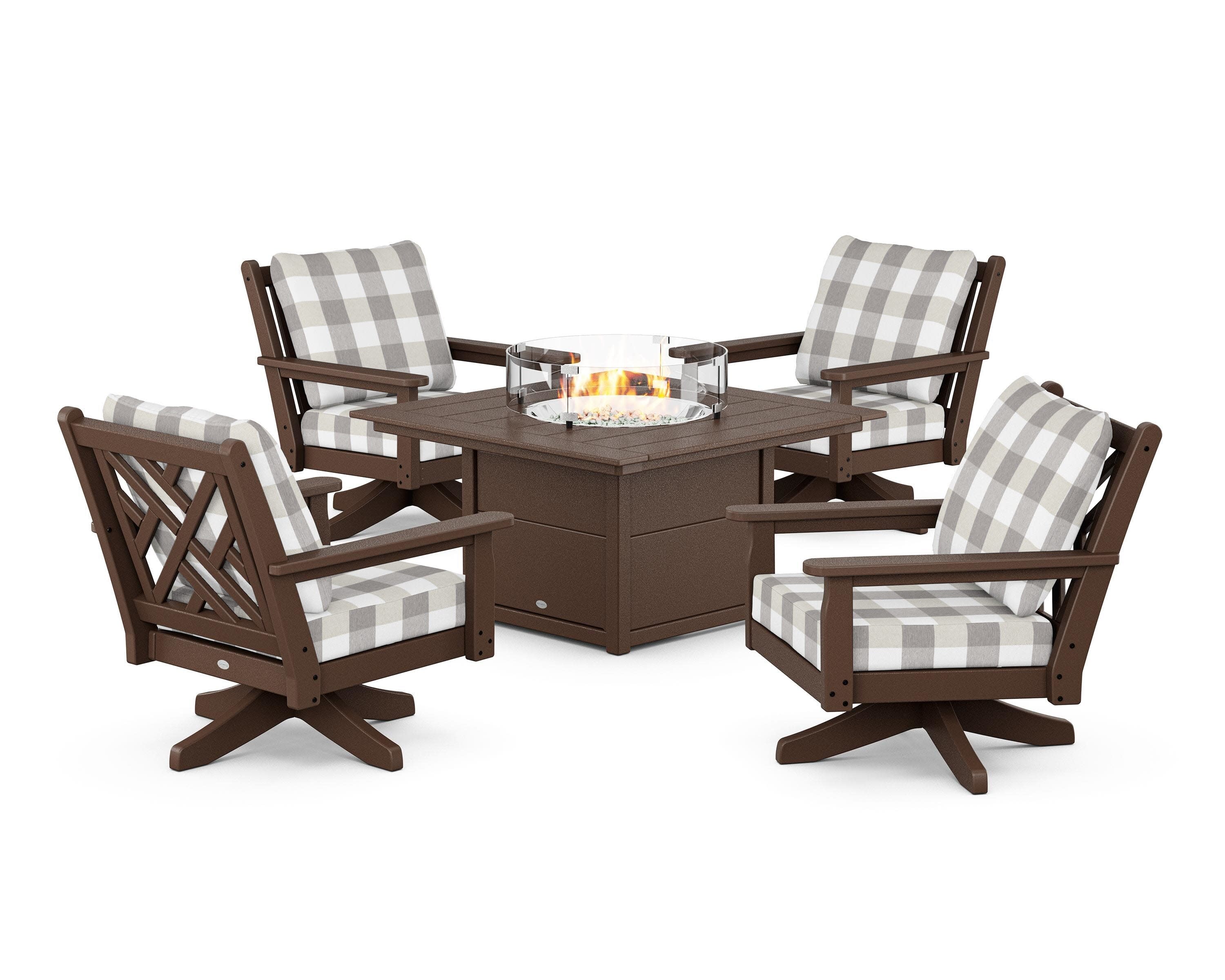 Chippendale 5-Piece Deep Seating Swivel Conversation Set with Fire Pit Table in Mahogany / Buffalo Plaid Grey Mist