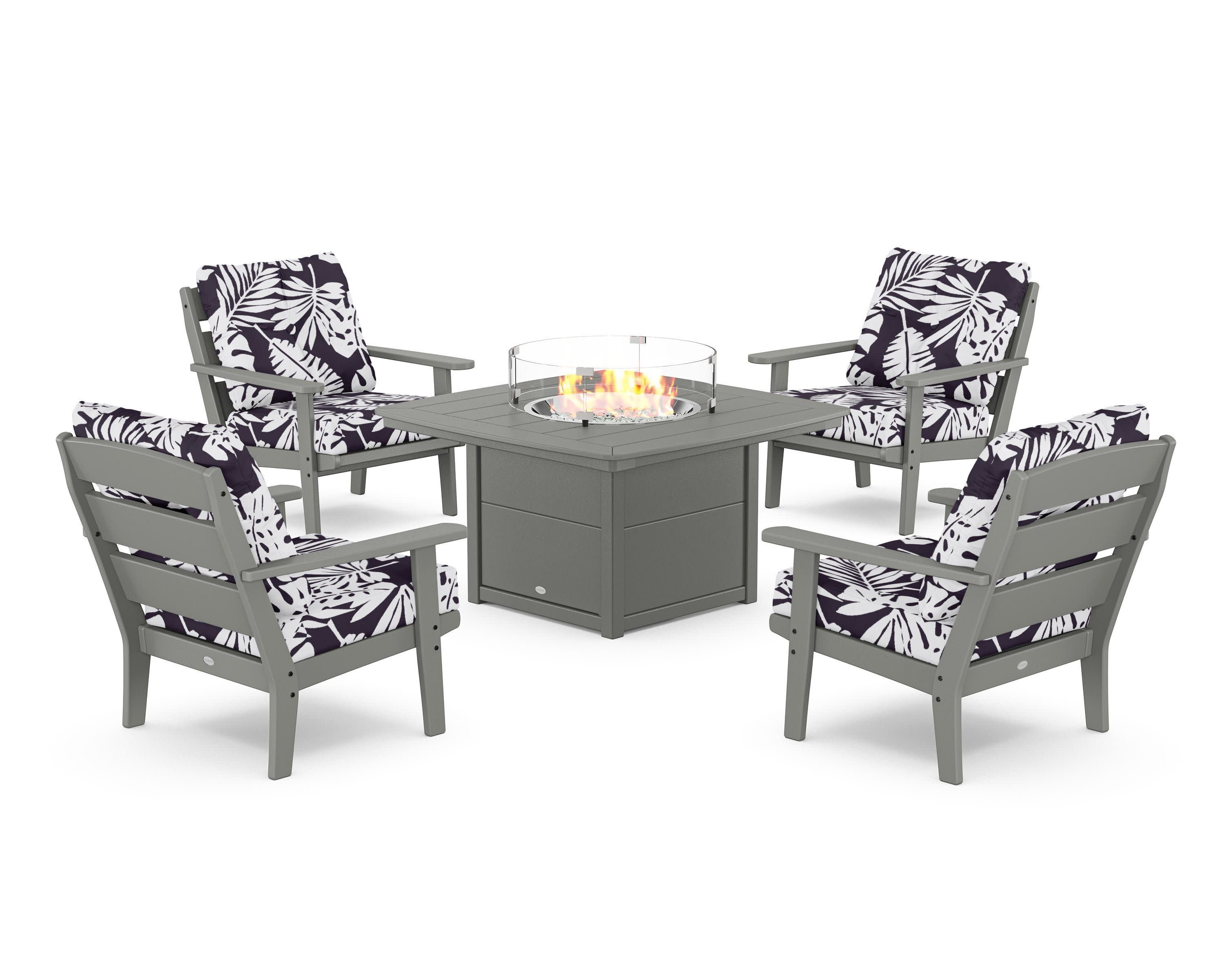 Lakeside 5-Piece Deep Seating Set with Nautical Fire Pit Table in Slate Grey / Leaf Navy