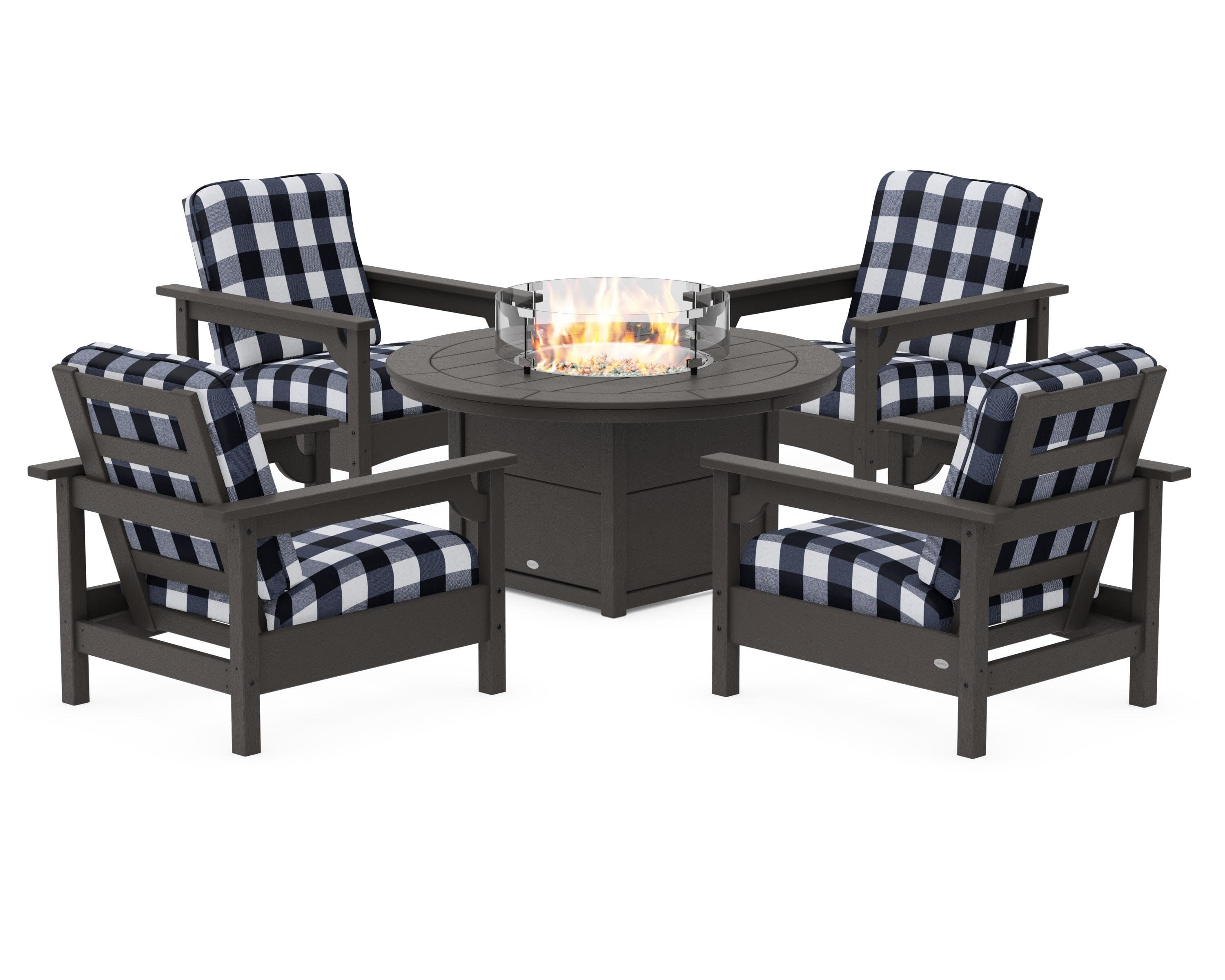 Club 5-Piece Conversation Set with Fire Pit Table in Vintage Coffee / Buffalo Plaid Marine Indigo