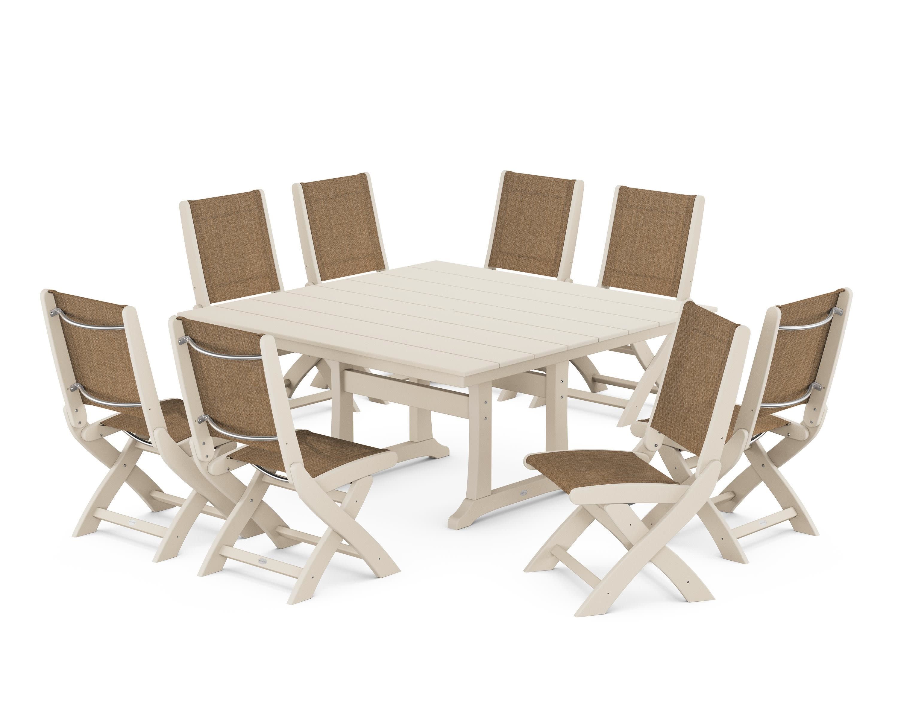 Coastal Folding Side Chair 9-Piece Farmhouse Dining Set in Sand / Burlap Sling