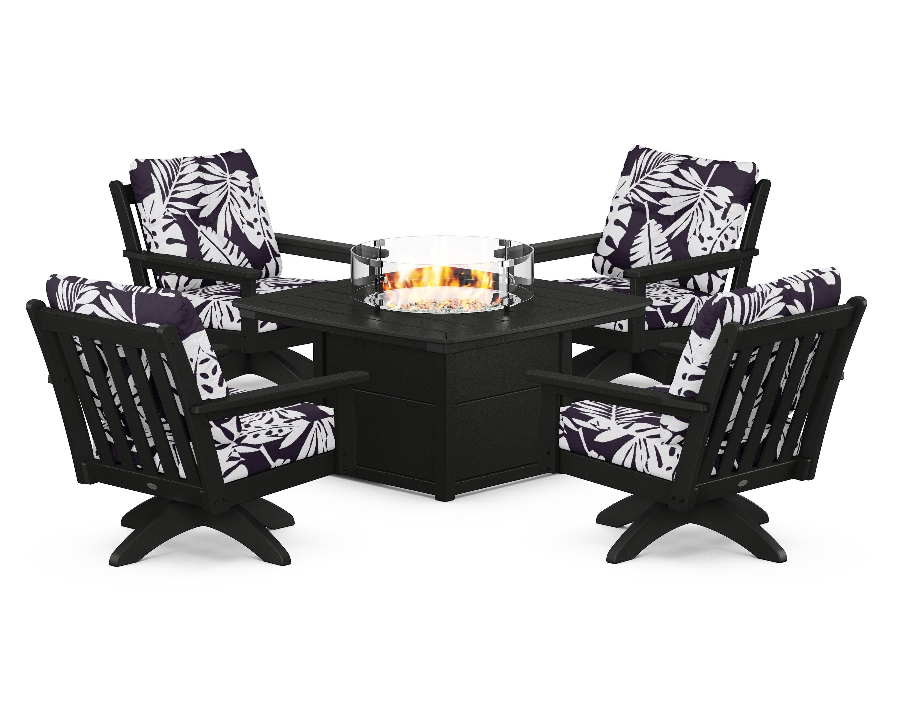 Vineyard 5-Piece Deep Seating Swivel Conversation Set with Fire Pit Table in Black / Leaf Navy