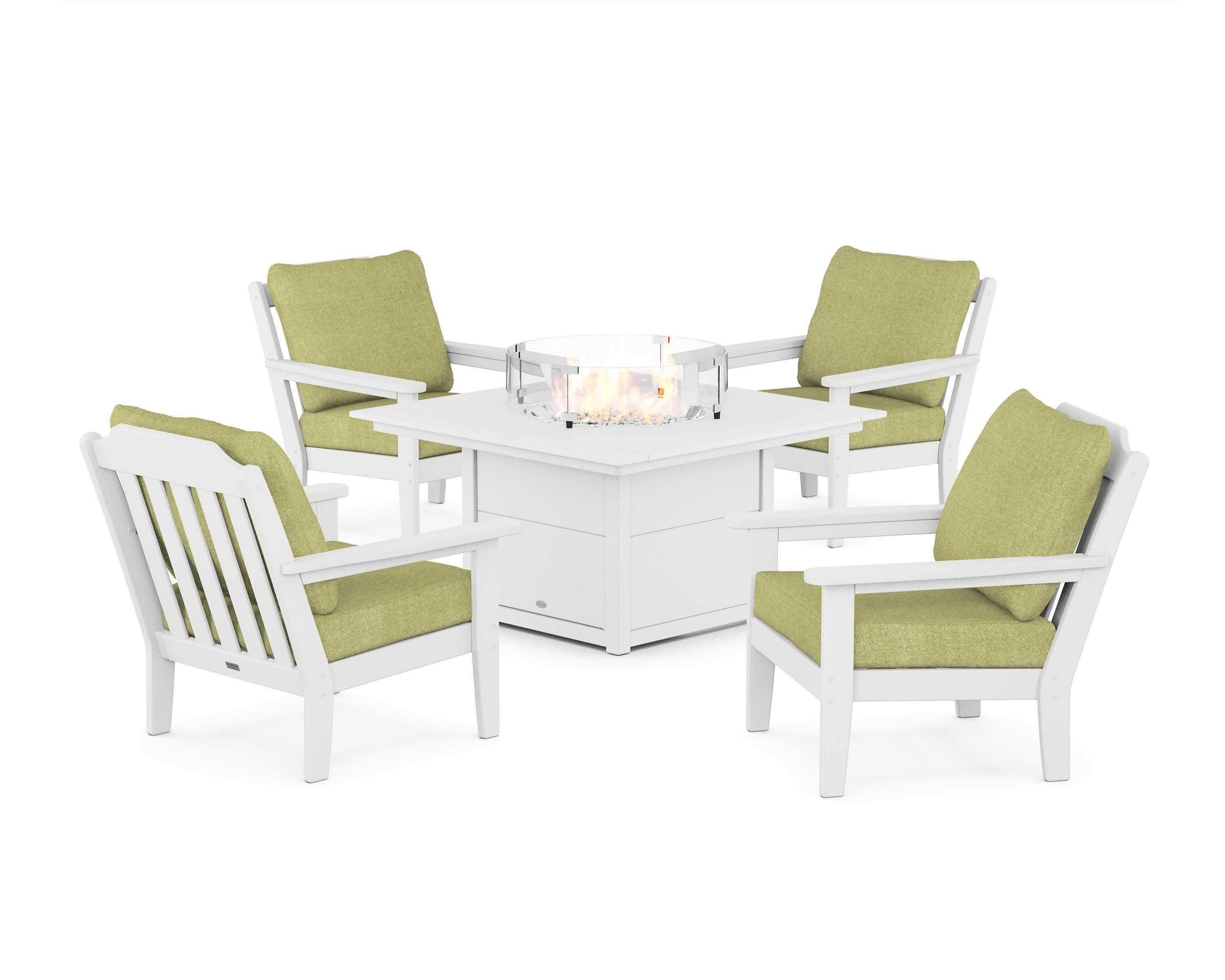 Cottage 5-Piece Deep Seating Set with Fire Pit Table in White / Chartreuse Boucle
