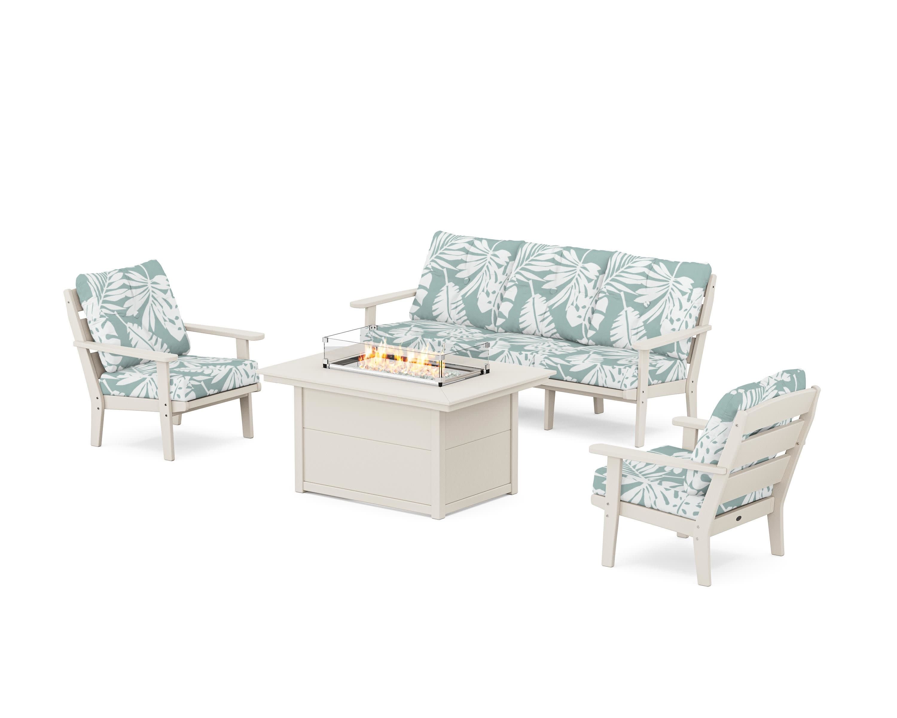 Lakeside Deep Seating Fire Pit Table Set in Sand / Leaf Glacier Spa