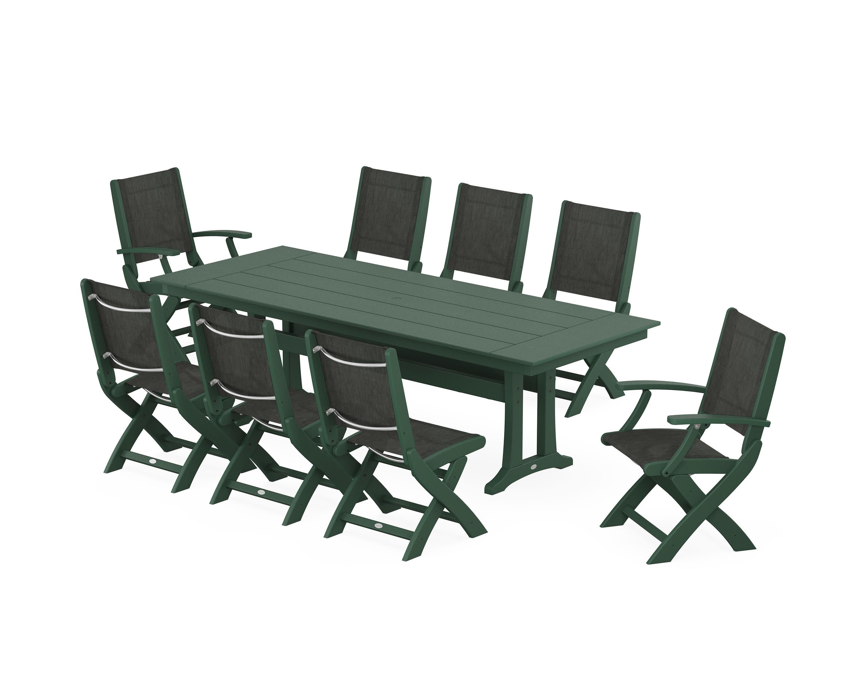 Coastal 9-Piece Folding Dining Chair Farmhouse Dining Set with Trestle Legs in Green / Ember Sling