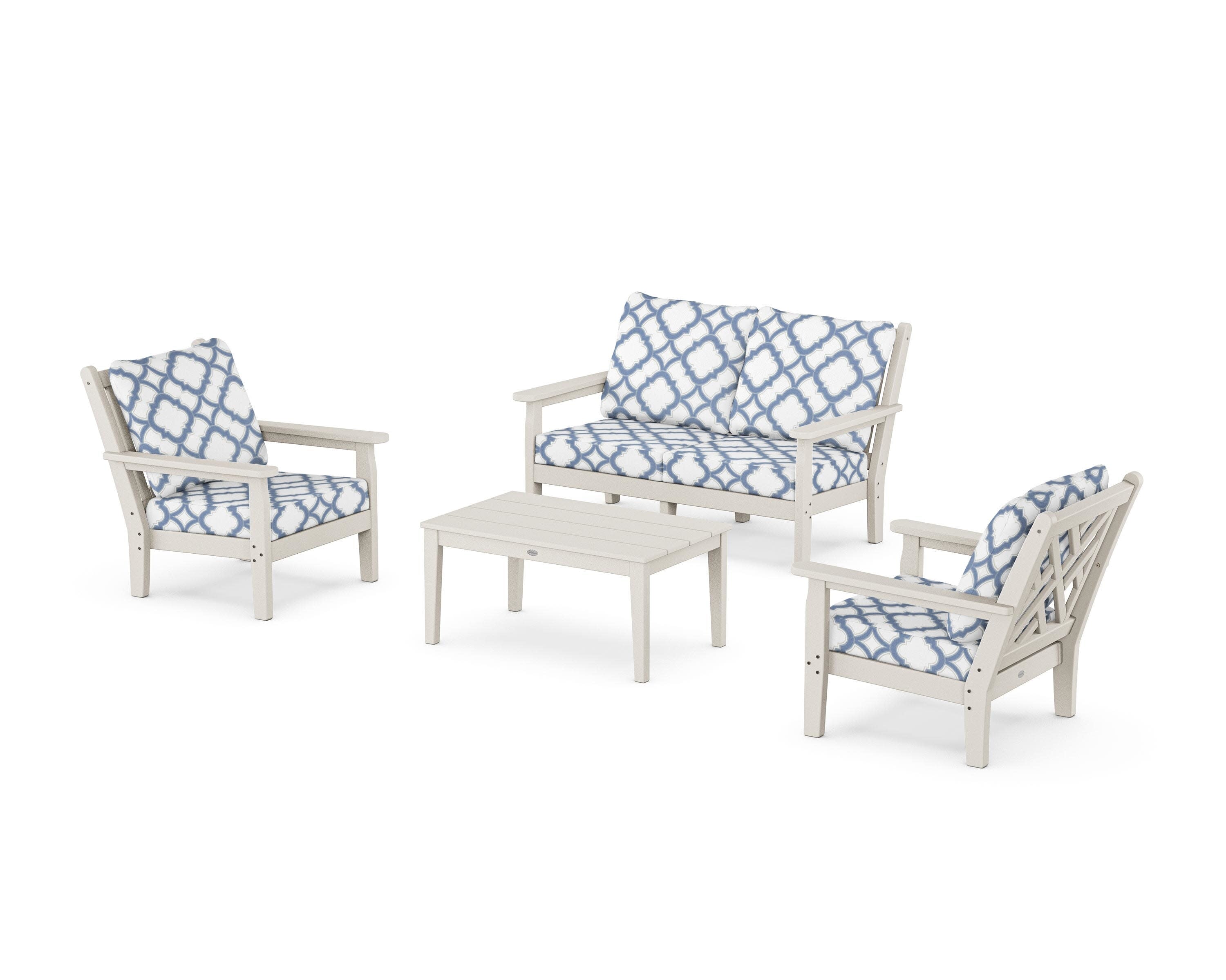 Chippendale 4-Piece Deep Seating Set with Loveseat in Sand / Trellis Sky Blue