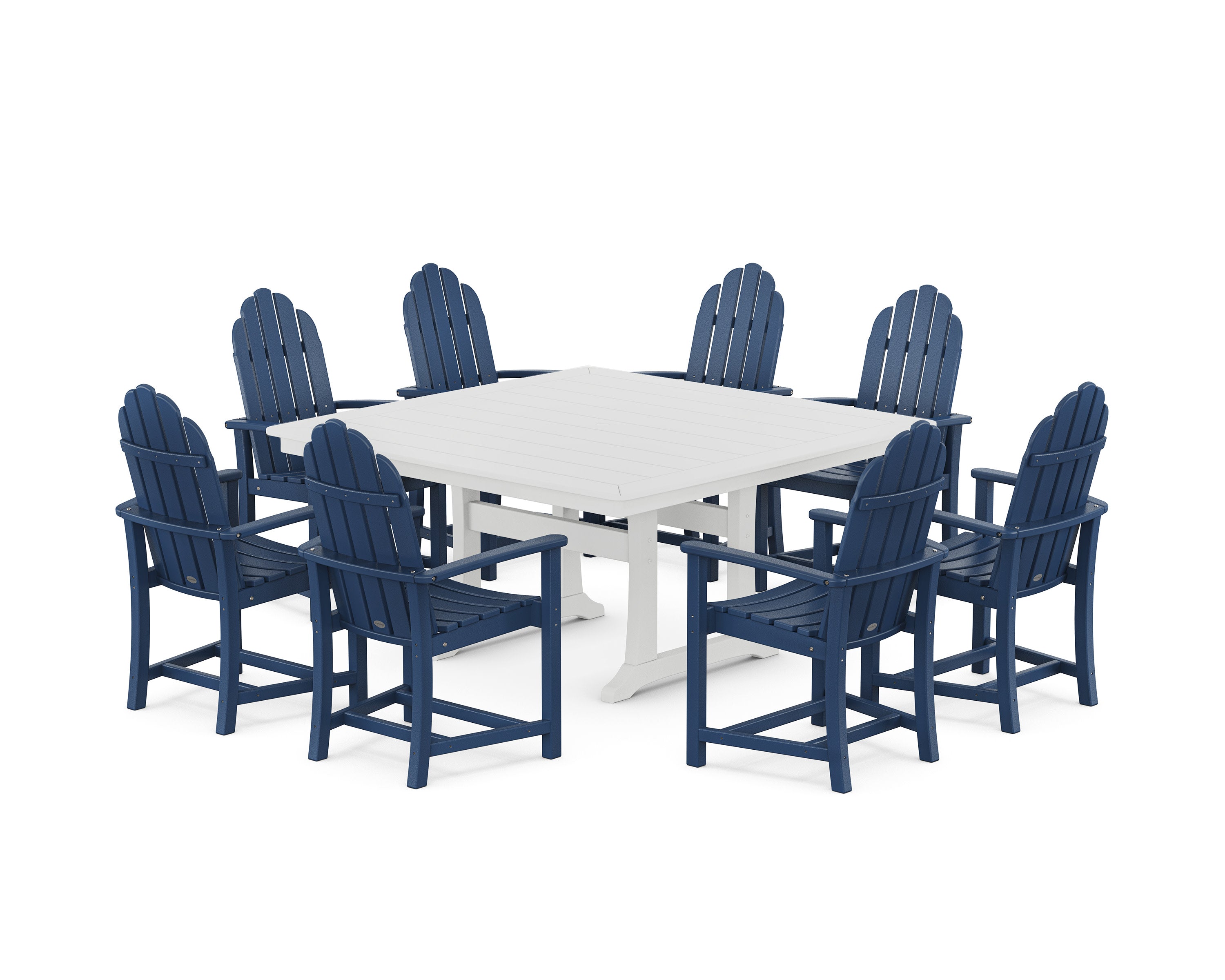 Classic Adirondack 9-Piece Square Dining Set with Trestle Legs in Navy / White
