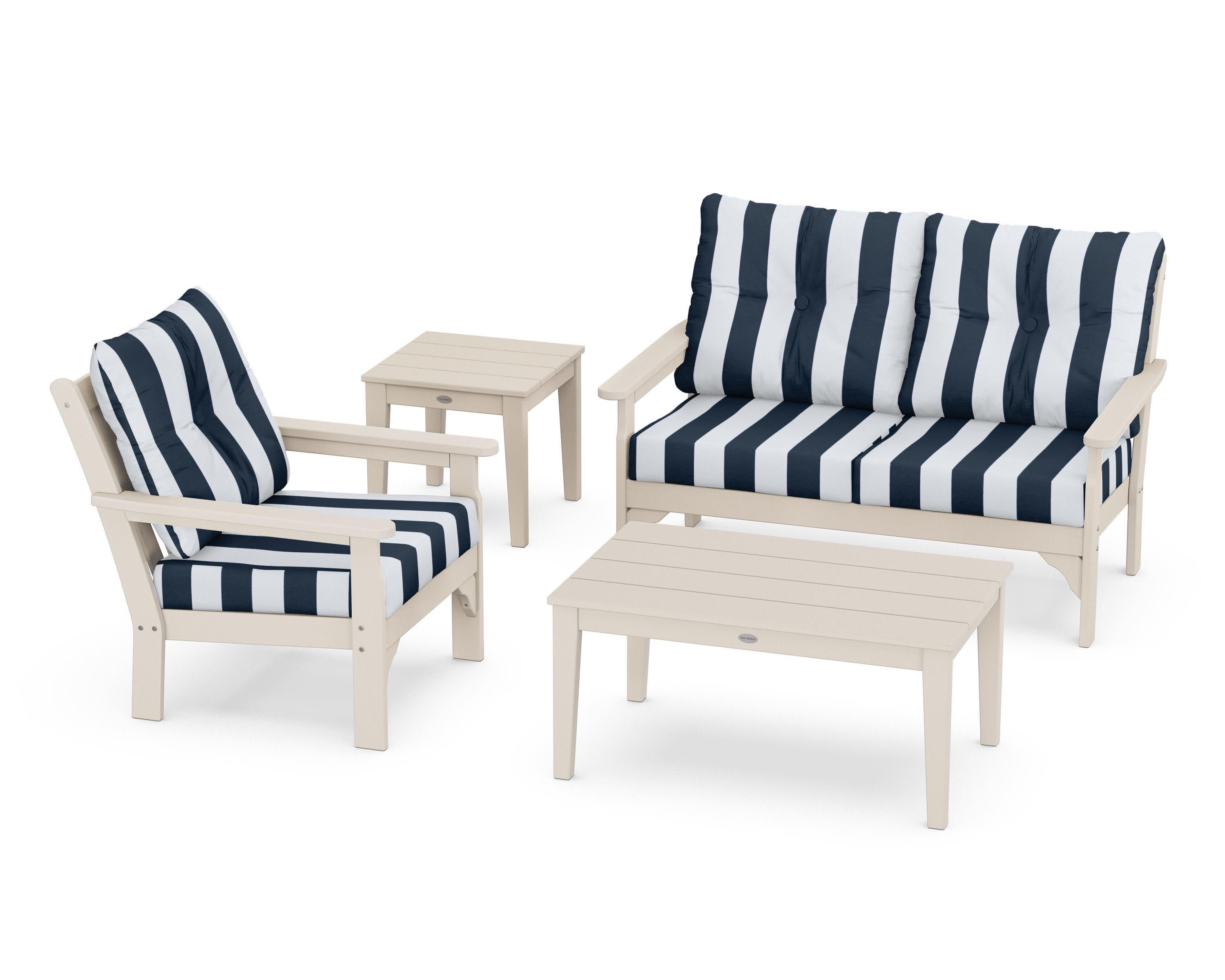 Vineyard 4-Piece Deep Seating Set in Sand / Cabana Stripe Marine Indigo