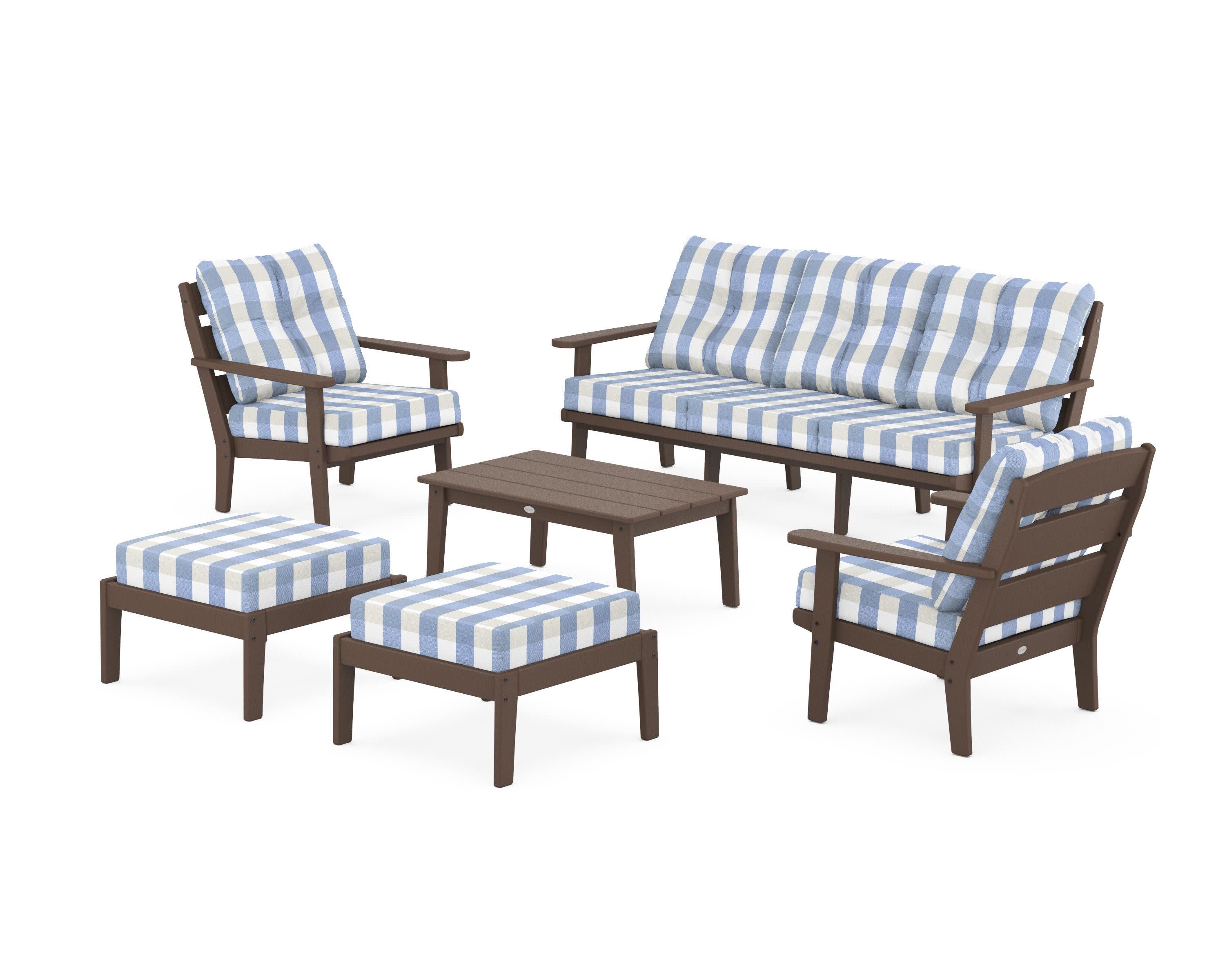 Lakeside 6-Piece Lounge Sofa Set in Mahogany / Buffalo Plaid Sky Blue