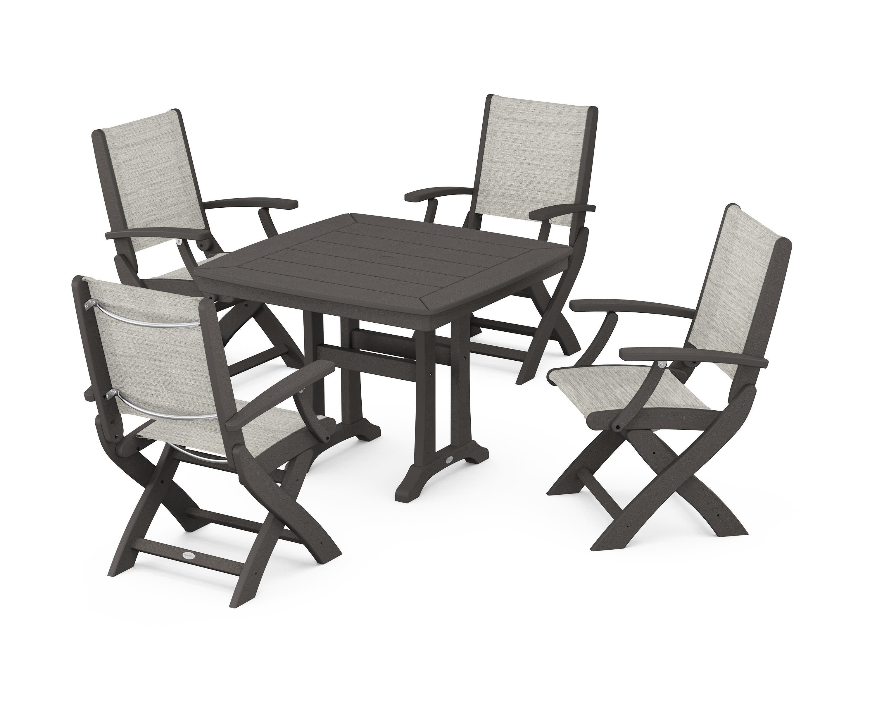Coastal Folding Chair 5-Piece Dining Set with Trestle Legs in Vintage Coffee / Birch Sling
